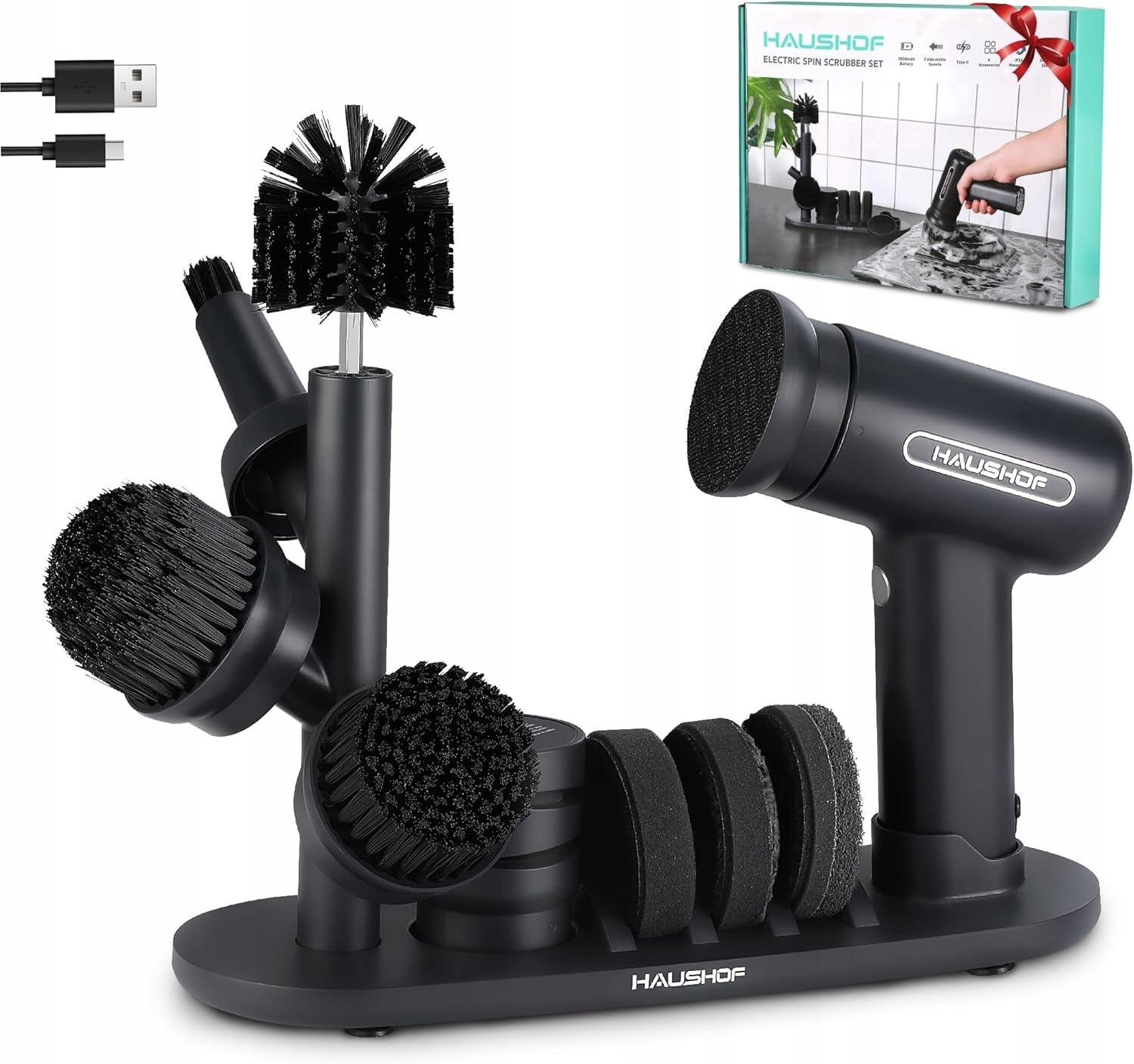 Levně Rotační Kartáč Elektrický Čisticí Čistič 8V1 Haushof Akcesoria