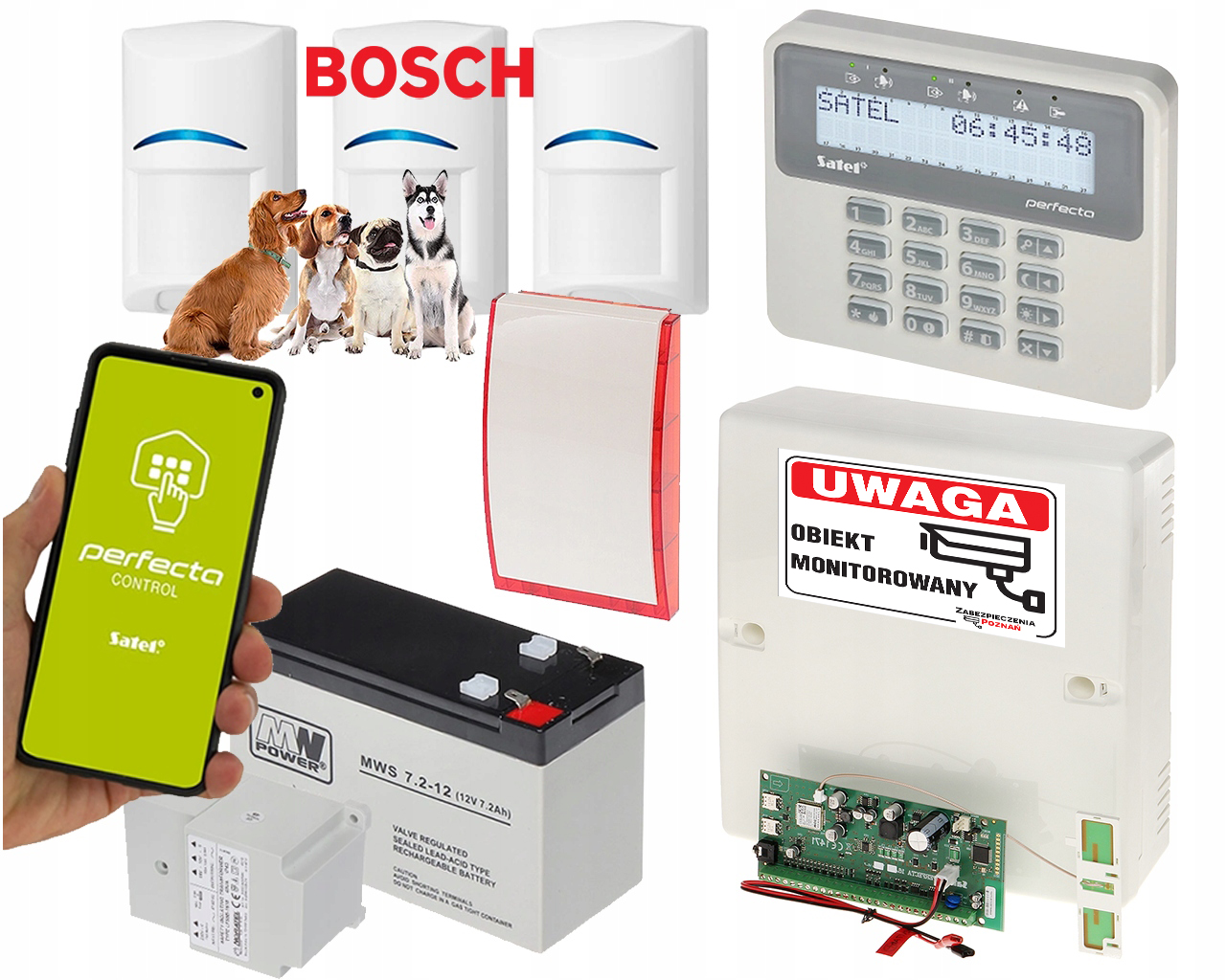 System Alarmowy Satel 3x Czujki Pir Bosch Moduł Gsm Aplikacja Sms