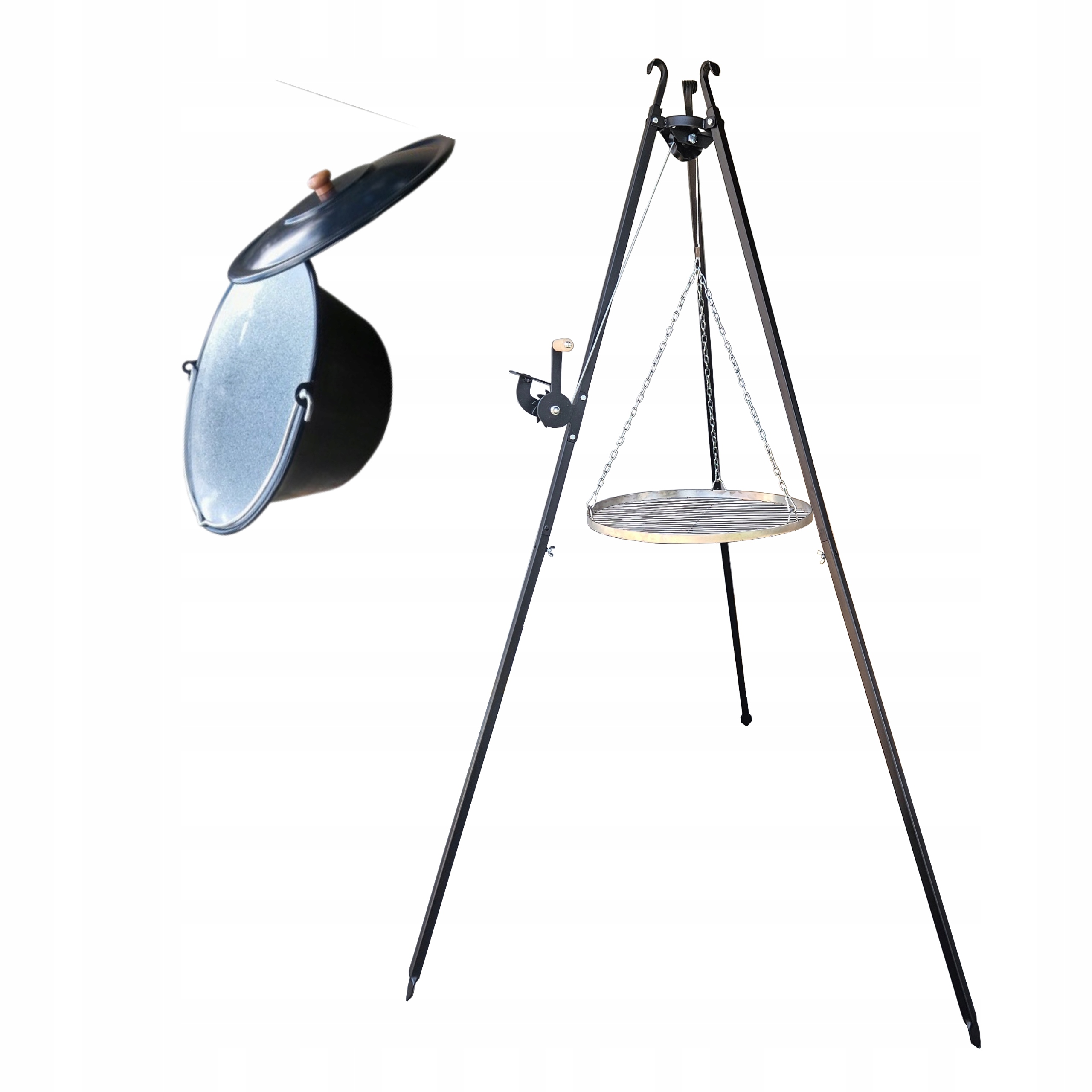 Grill Trójnóg ogrodowy 191 cm nad ognisko ruszt 50 cm nierdzewny kociołek