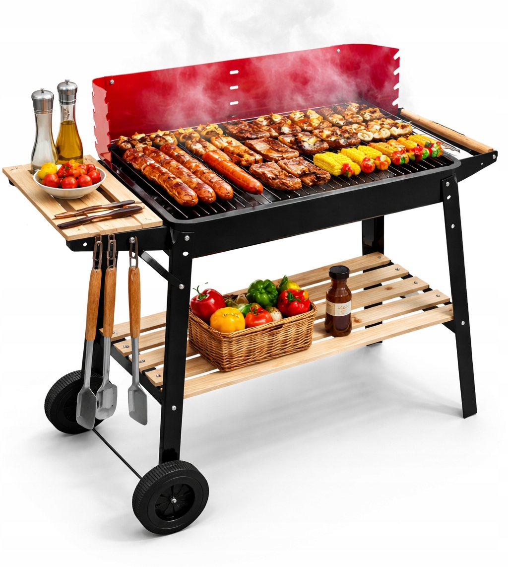 Grill Węglowy Ogrodowy Z Osłoną Na Kołach Półki Gril Bbq Duży Ruszt Rożen
