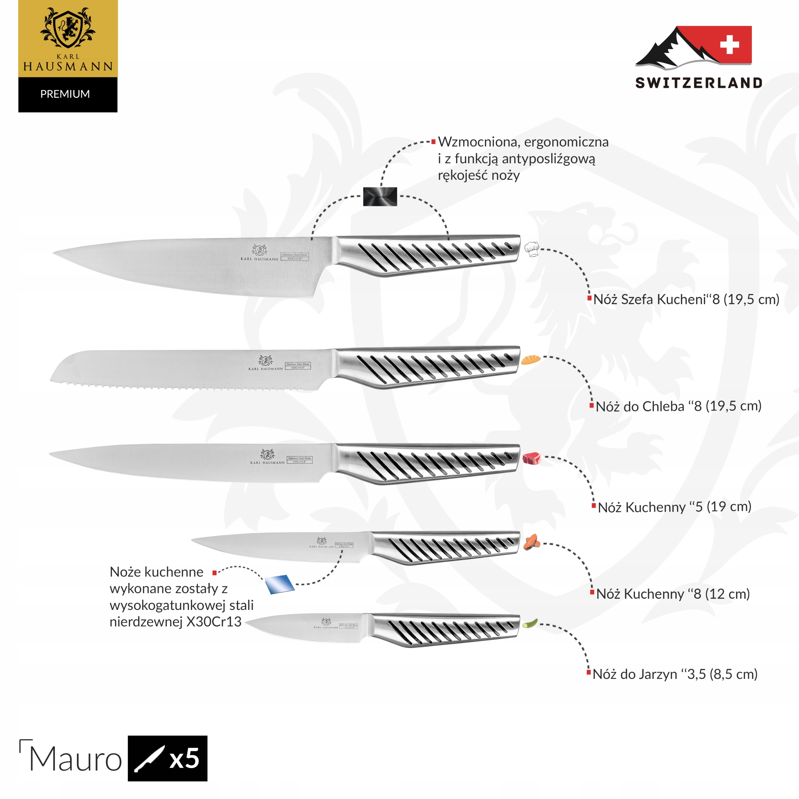 KOMPLET NOŻY KUCHENNYCH STALOWE OSTRE NOŻE ZESTAW 5 SZTUK Kod producenta KHT2
