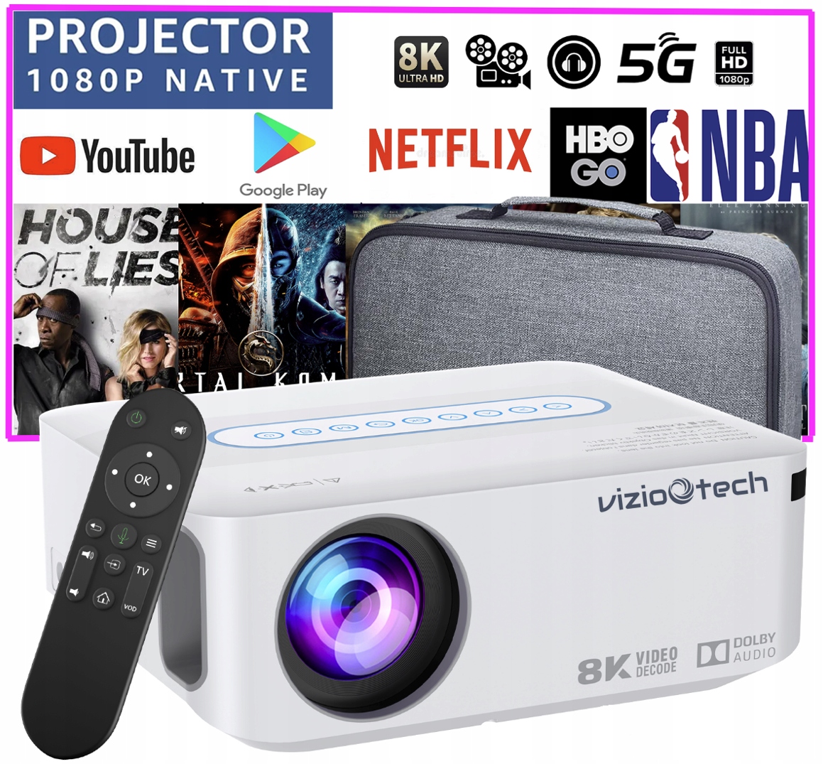 Projektor Rzutnik Full HD 4K 12000lm WiFi Android + Torba + Kabel HDMI 1m