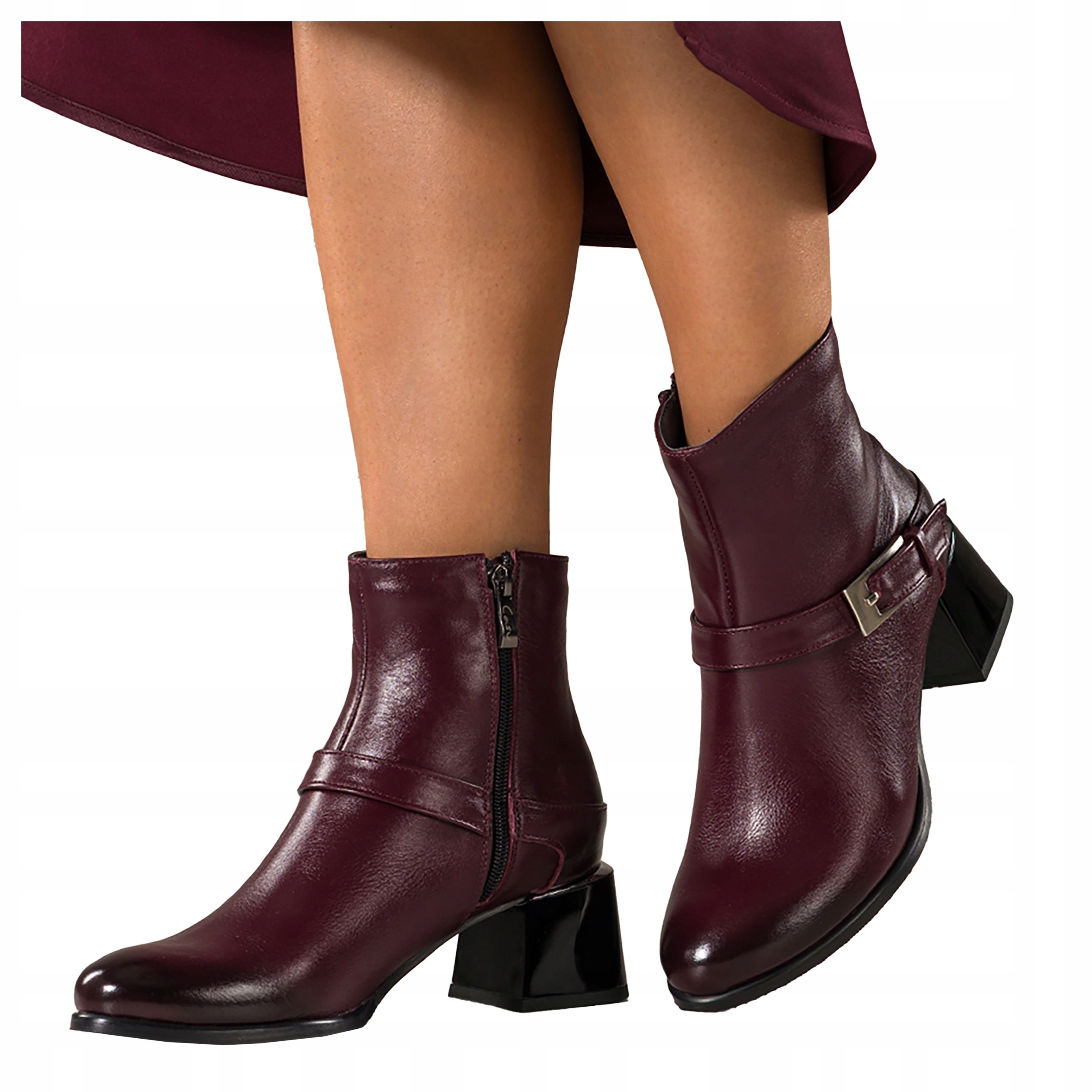 Bordó dámské kotníkové boty Kožené Ozdobná kostka Pohodlná Ocelová spona vel. 36