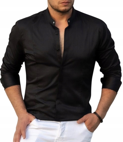 Pánská černá košile Slim Fit se stojáčkem Elegantní vizitková spona XXL