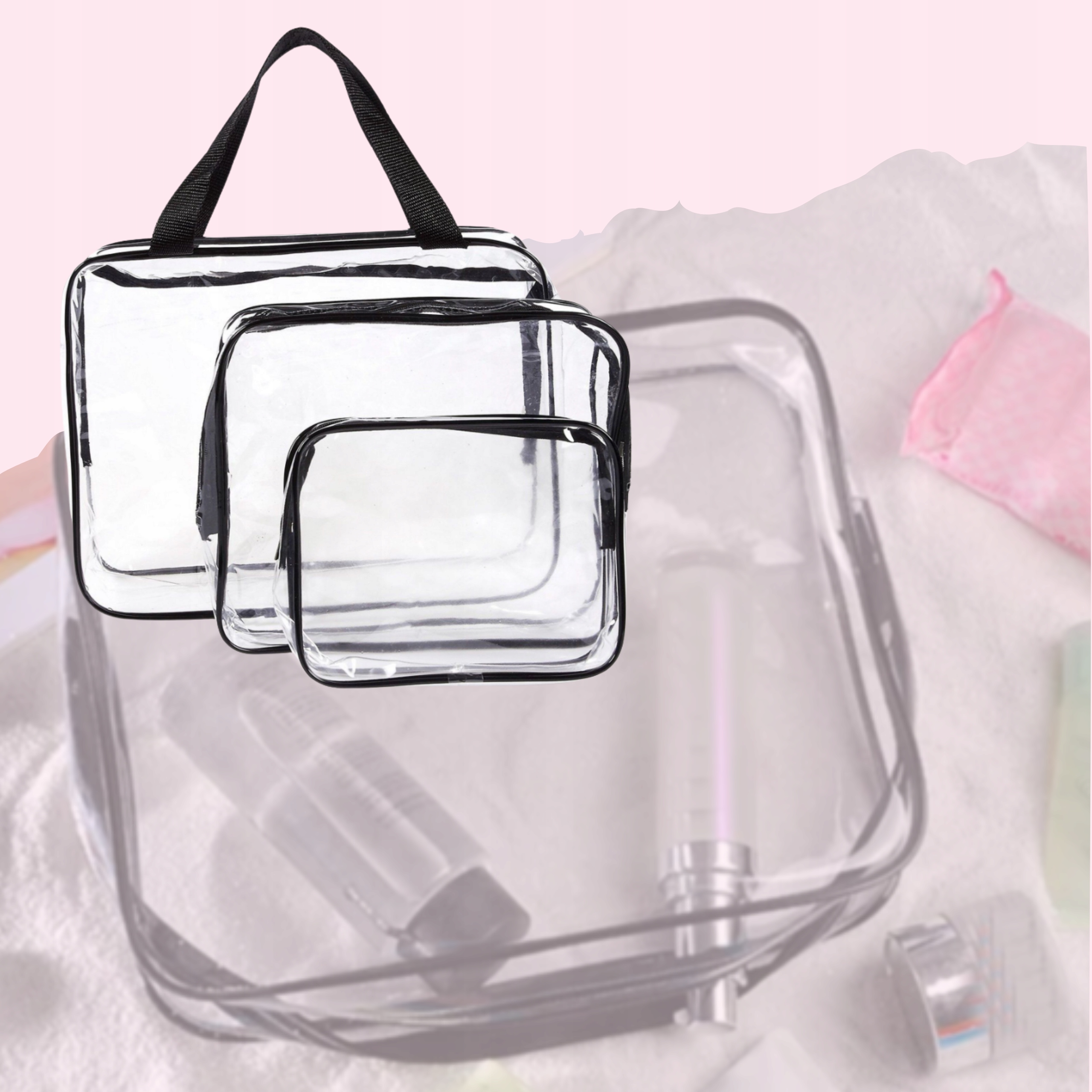 KOSMETYCZKA PRZEZROCZYSTA ZESTAW 3w1 DO SAMOLOTU Wysokość 23 cm