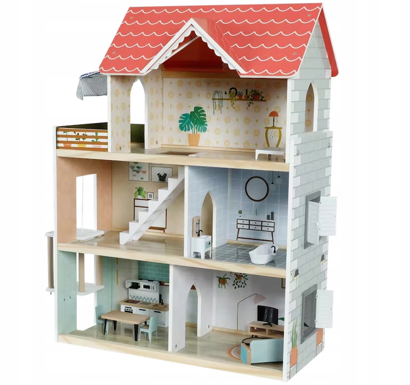 

Drewniany Duży Domek Dla Lalek 80CM Piętrowy XXL