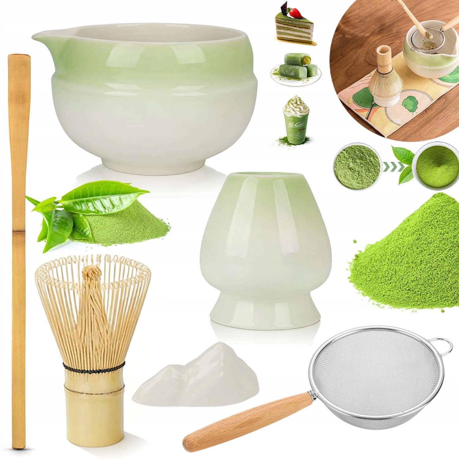 Zestaw Prezentowy Do Herbaty Matcha Czarka Miotełka Podstawka Łyżeczka 7SZT