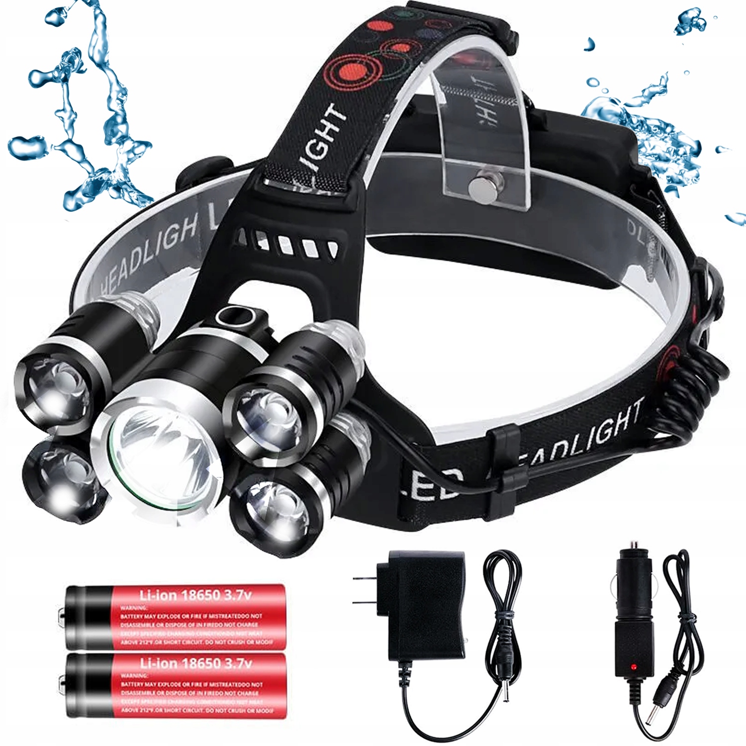 Latarka Czołowa 5 Led Zoom Mocna Lampka Reflektor Czołówka Wodoodporna