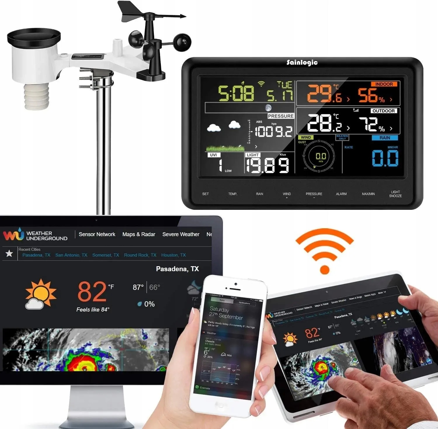 Profesjonalna stacja pogodowa Wifi czujnik 7w1 deszczomierz wiatromierz Uv