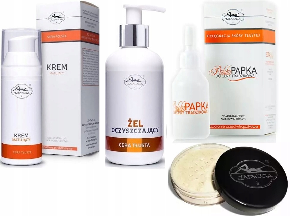 Zestaw do cery trądzikowej: Puder, Żel oczyszczający, Krem matujący, Papka