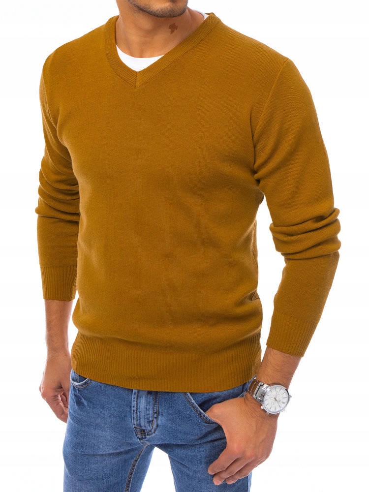 

Sweter Męski Gładki W Serek Kamelowy roz. M