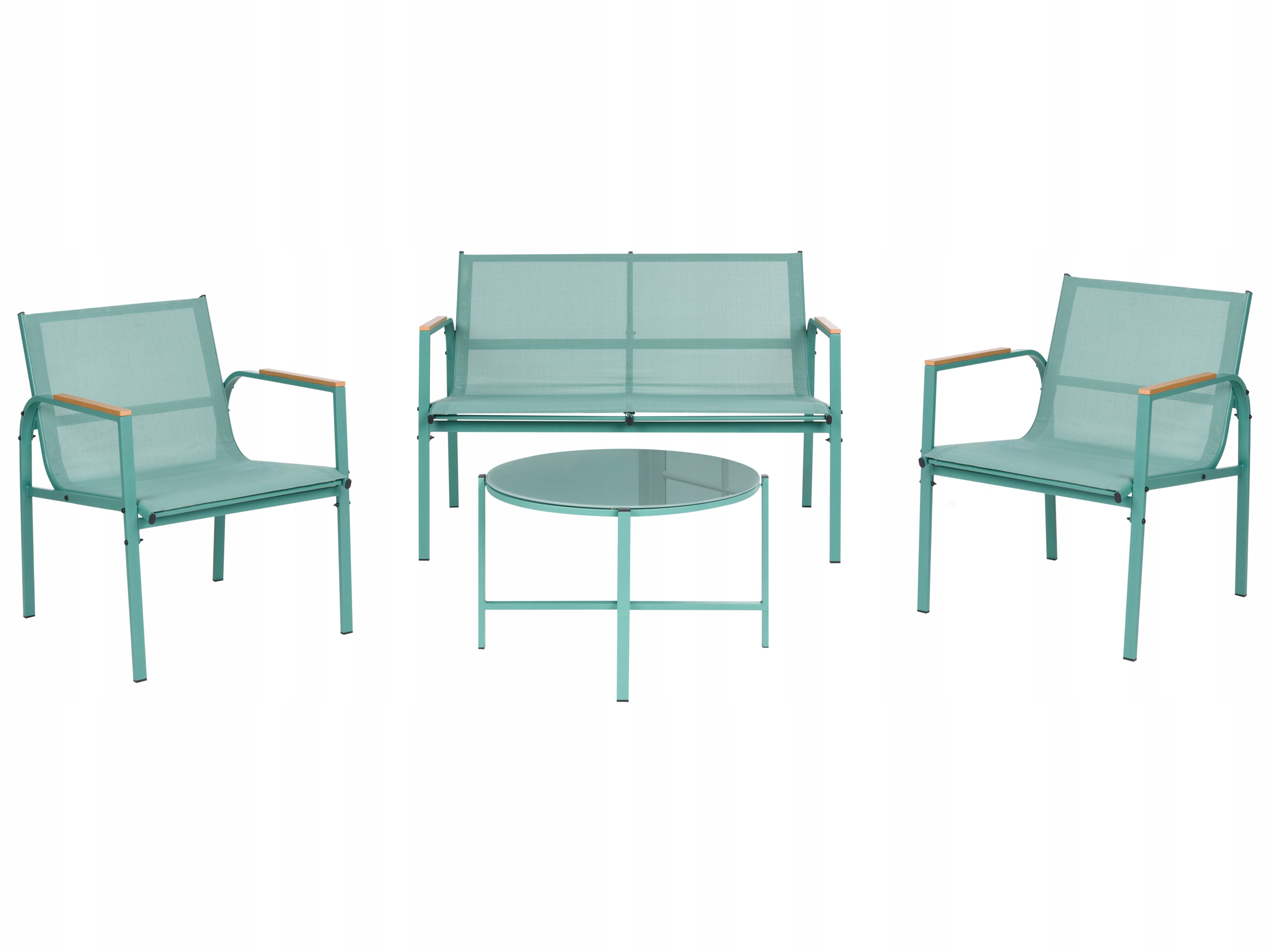 Zestaw ogrodowy metalowy sofa dwa fotele stolik kawowy zielony