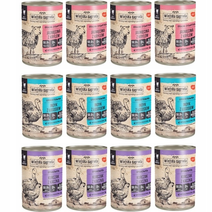 Wiejska Zagroda Mokré krmivo pro kočky Mix chutí Bez obilovin 12x400 g