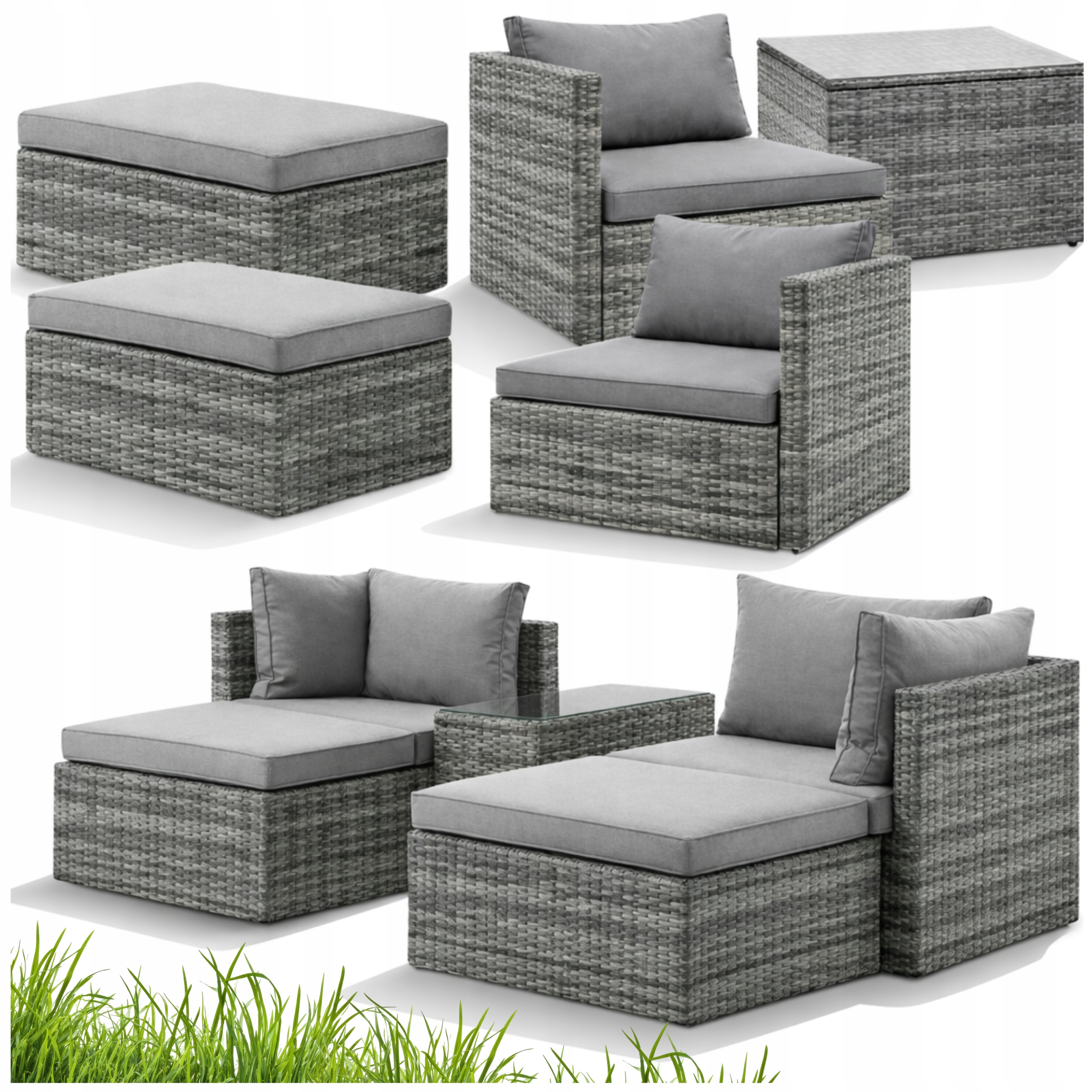 ZESTAW Mebli OGRODOWYCH Narożnik MODUŁOWY Fotel Stolik Podnóżek Rattan