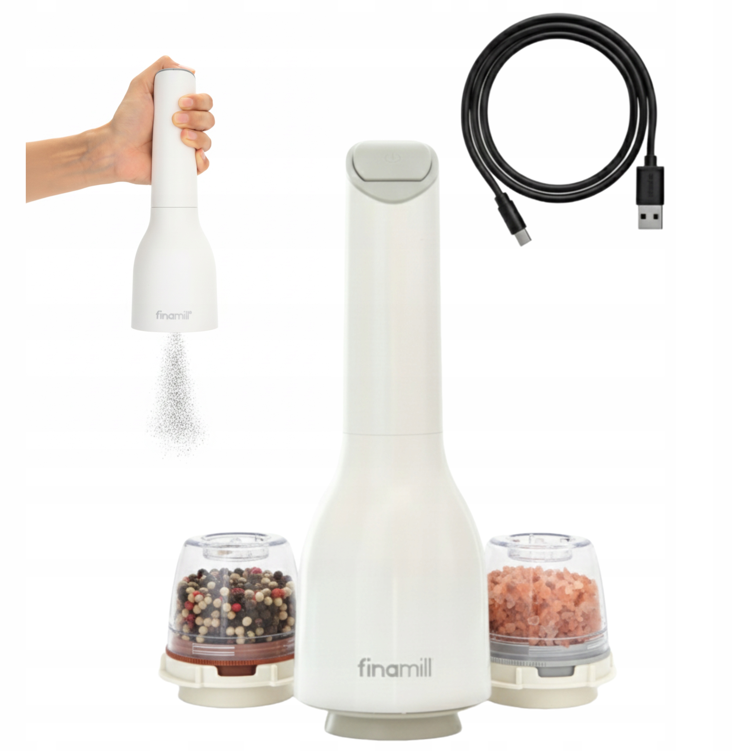 Młynek Elektryczny Do Soli Pieprzu Usb Przypraw +2 Pojemniki FinaMill Biały