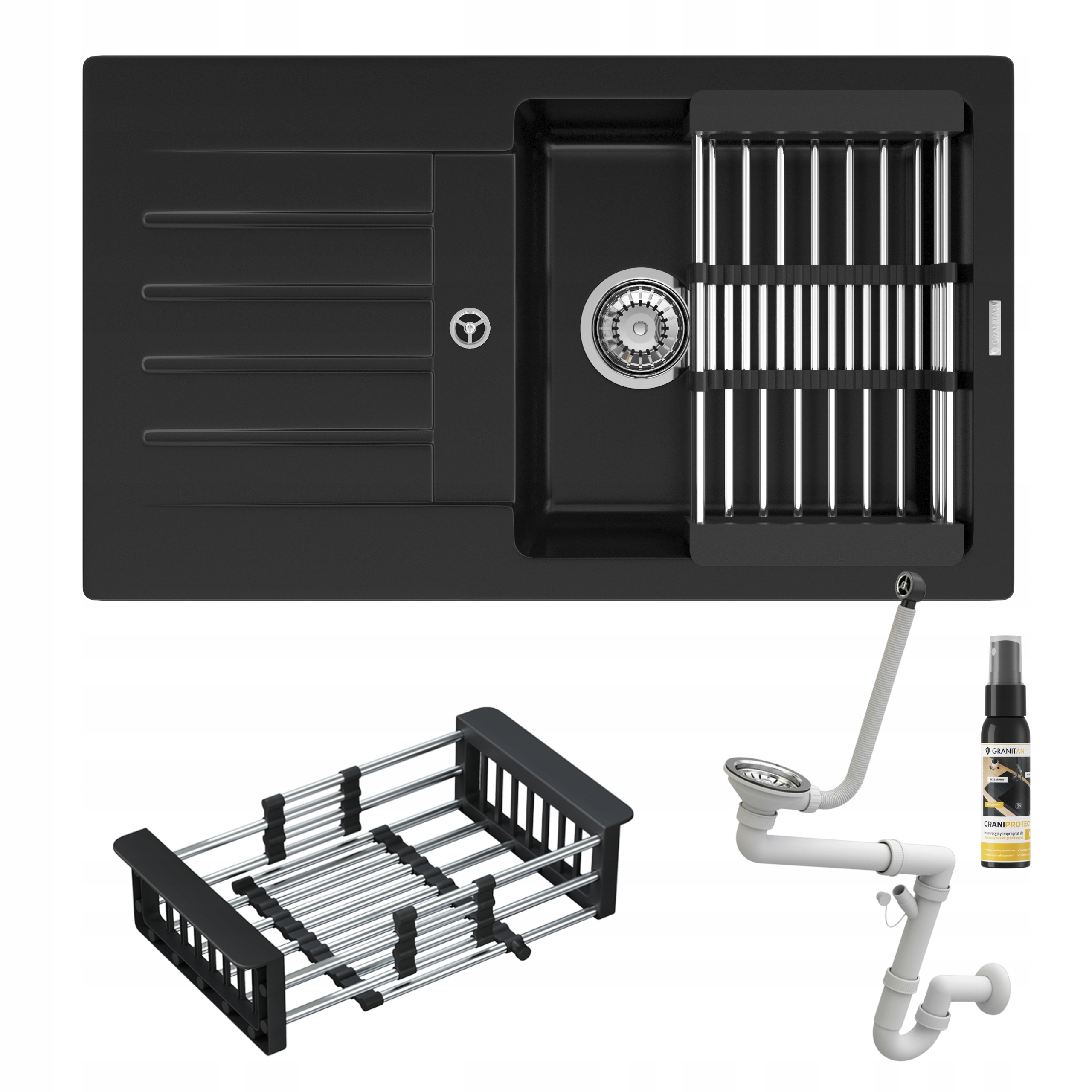 Čierny granitový jednokomorový drez Trix, odkvapkávač, sifón, sada