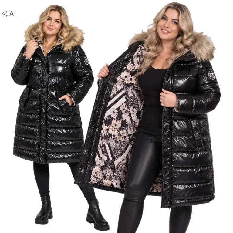 Zimní Bunda Prošívaná Lesklá Dlouhá Kapuce Kožíšek 50 52 5XL 6XL