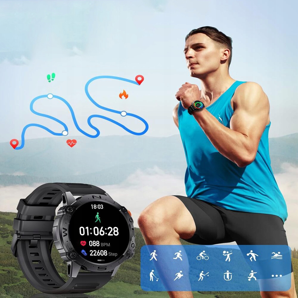 SMARTWATCH WODOODPORNOŚĆ IP68 WOJSKOWY SMARTWATCH DO UŻYTKU NA ZEWNĄTRZ Kompatybilność systemowa Android iOS