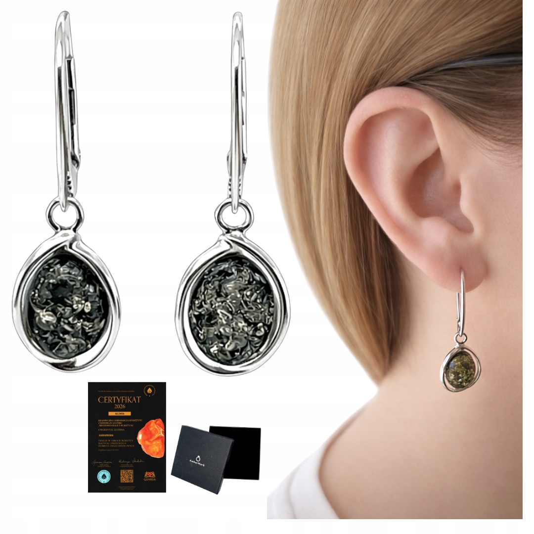 Náušnice se zeleným jantarem, anglické antialergické zapínání stříbro