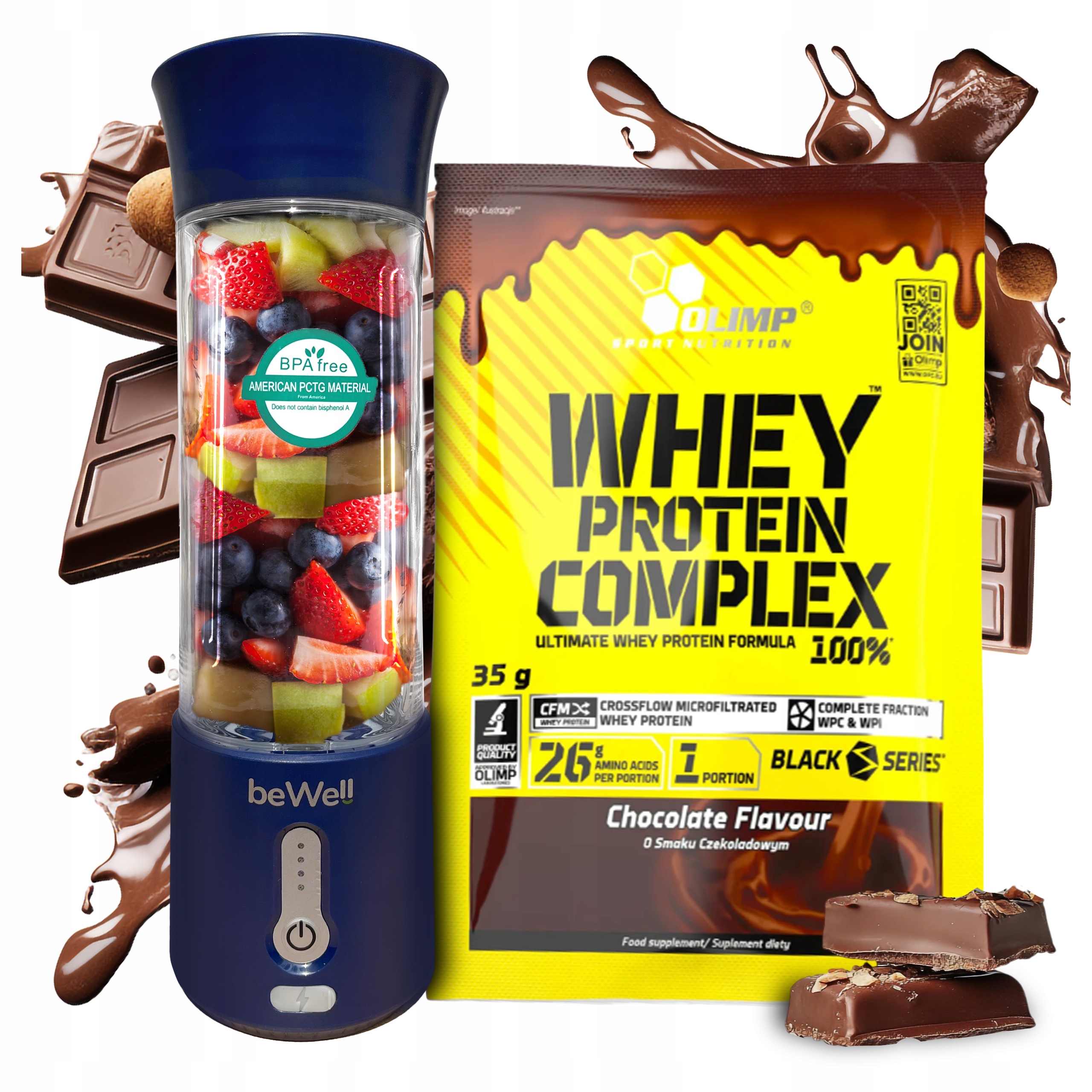 Blender Kielichowy Przenośny Bezprzewodowy beWell na Usb Białko Olimp Wpc