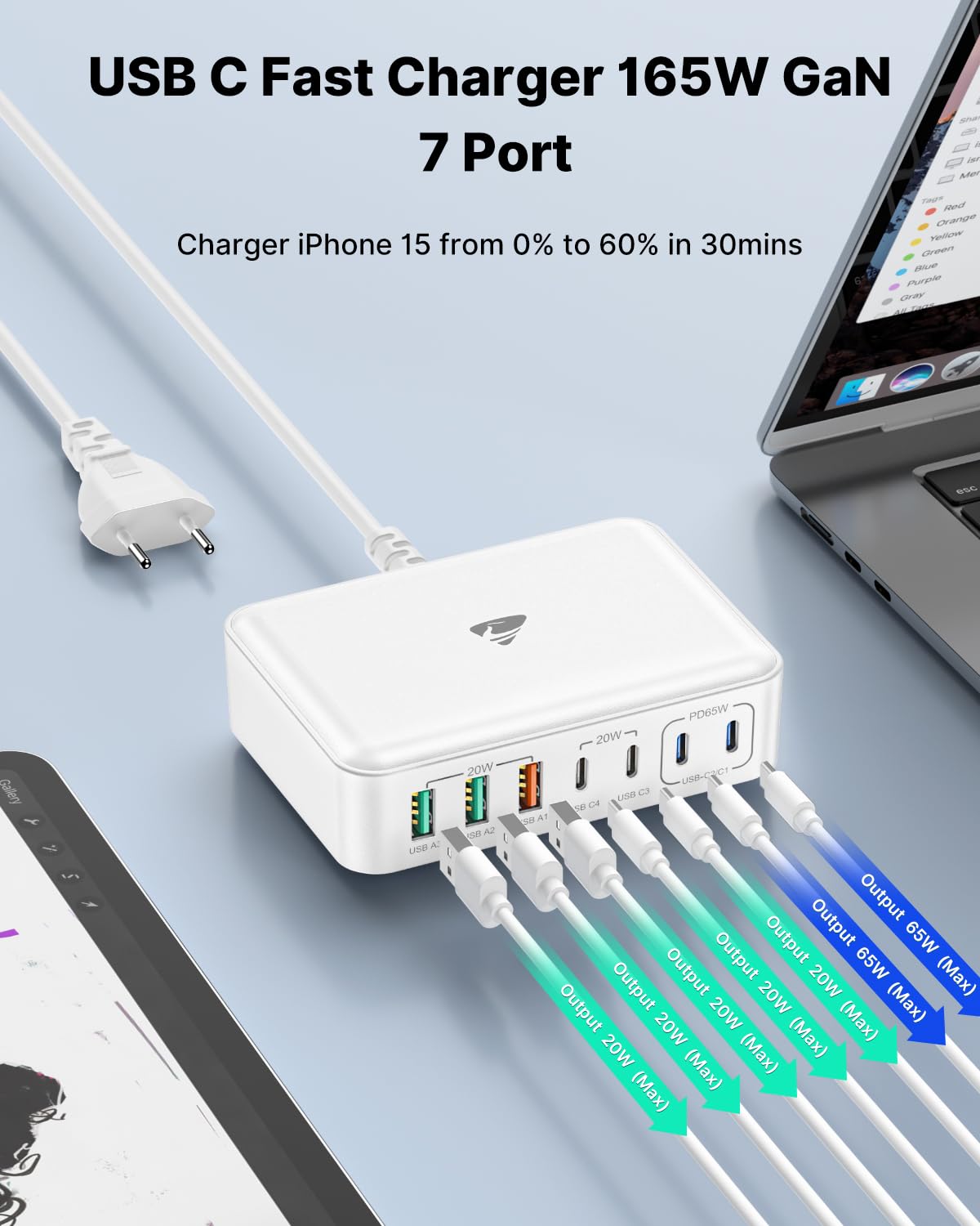 ADAPTER USB C 165W SZYBKIE ŁADOWANIE 7-PORTOWY DO iPHONE MACBOOK iPAD — miniatura 2