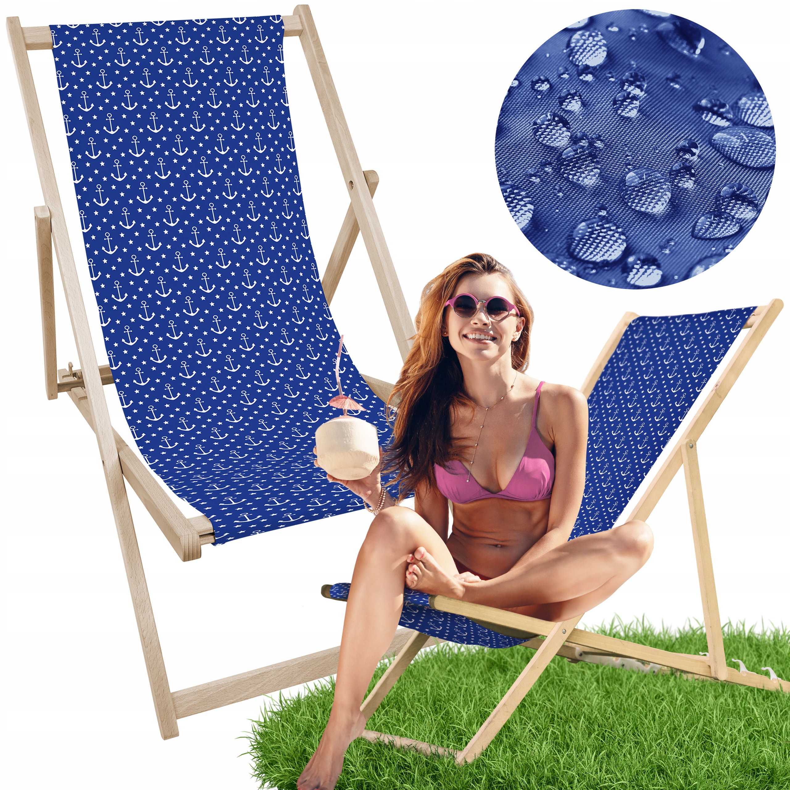 

Leżak Drewniany Leżak Plażowy Niebieski Kotwice