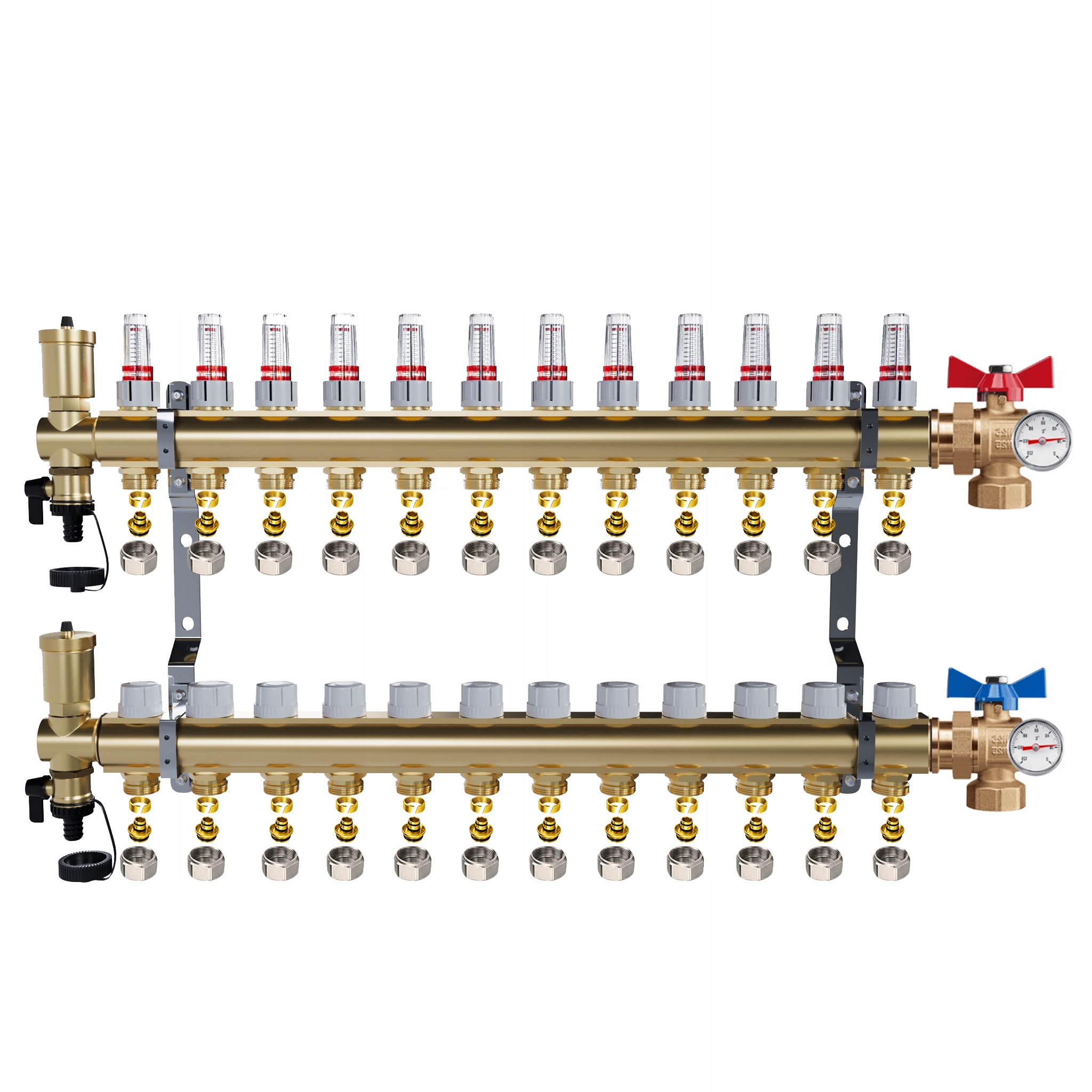 Rozdělovač mosazný Podlahovky 12 okruhů Kulové ventily Teploměr Pex