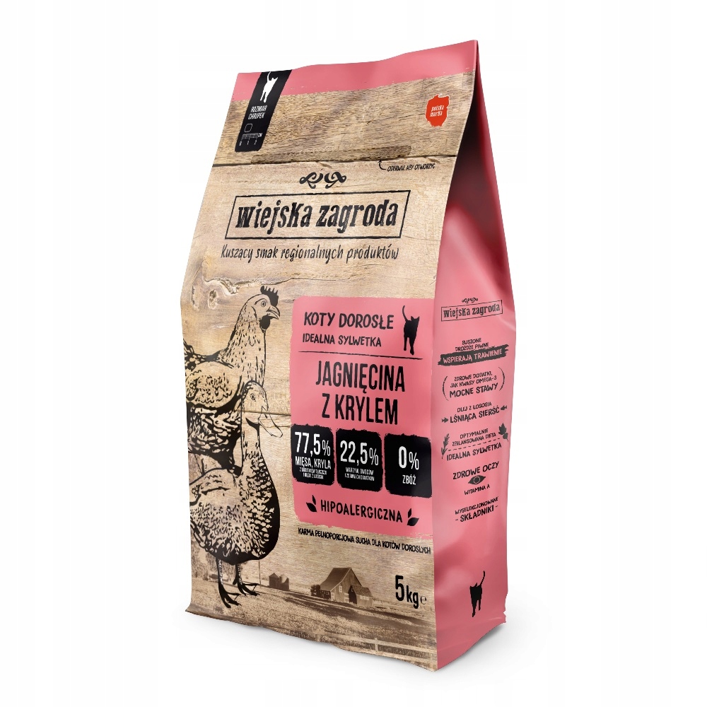 Levně Suché krmivo pro kočky Wiejska Zagroda jehněčí s krillem 5 kg