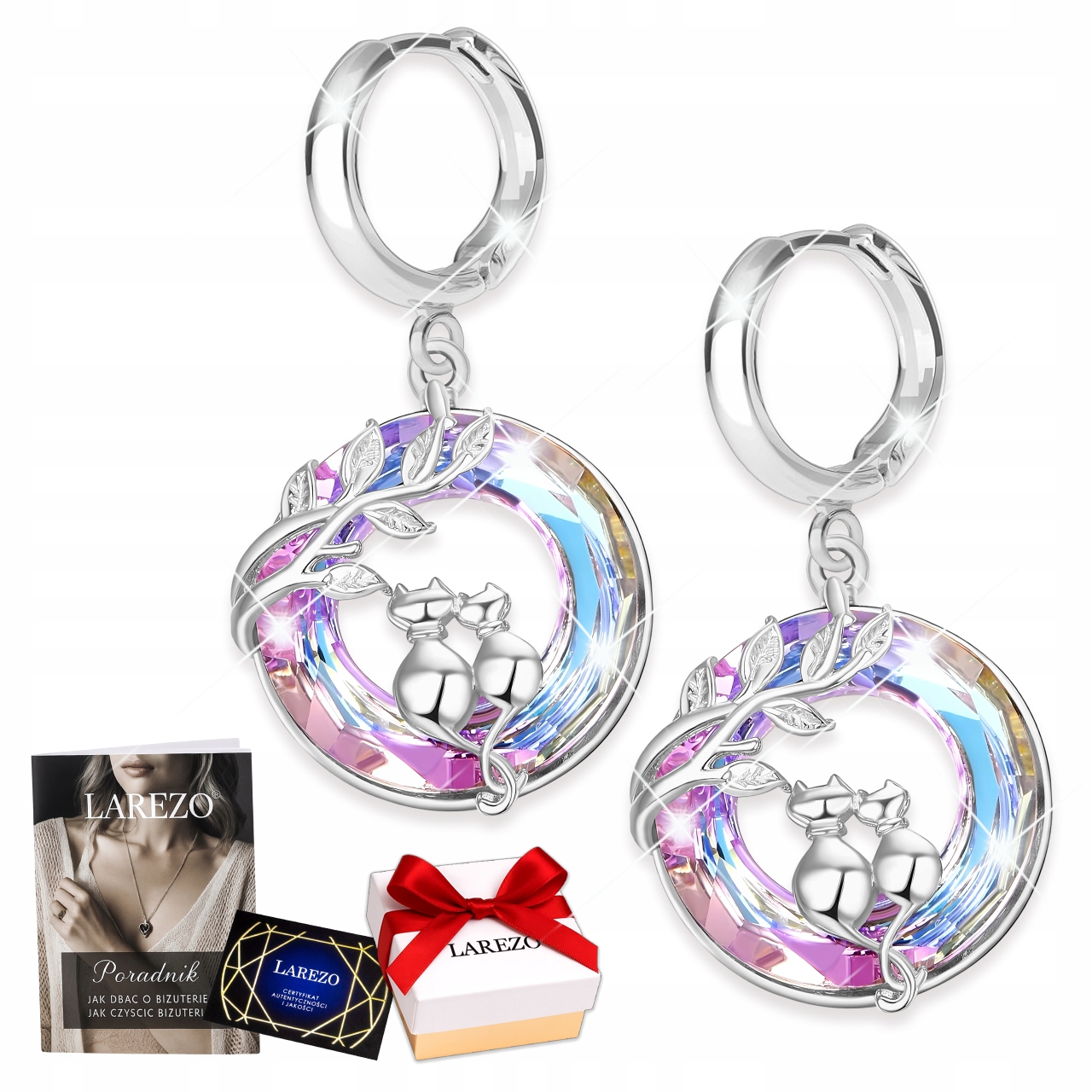 Stříbrné Náušnice Kočky Kočičky Kolečka Barevné Krystaly Závěsné Kočka Stříbro 925