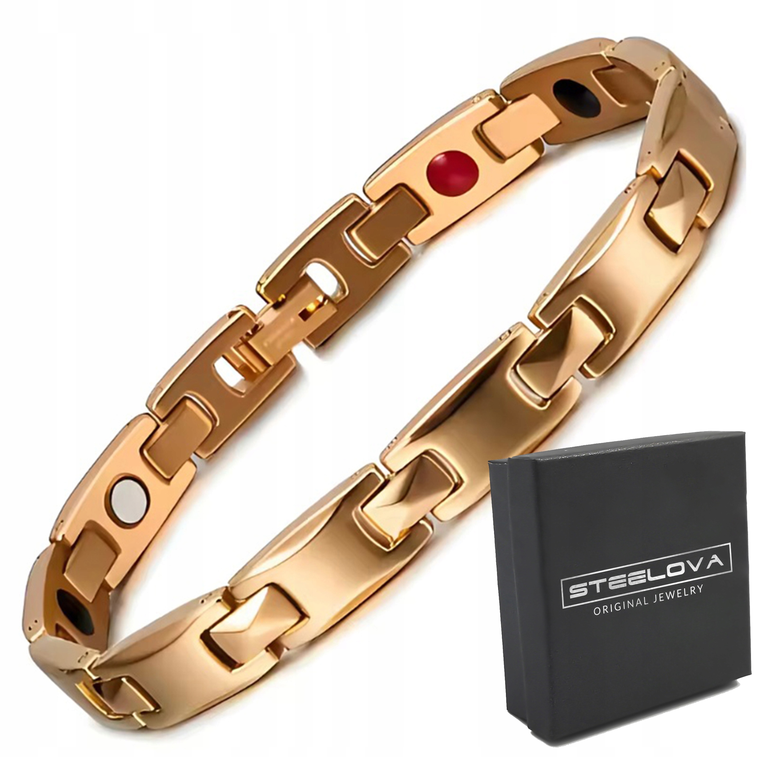 Pozlacený magnetický náramek z ušlechtilé oceli s kameny, 17 cm