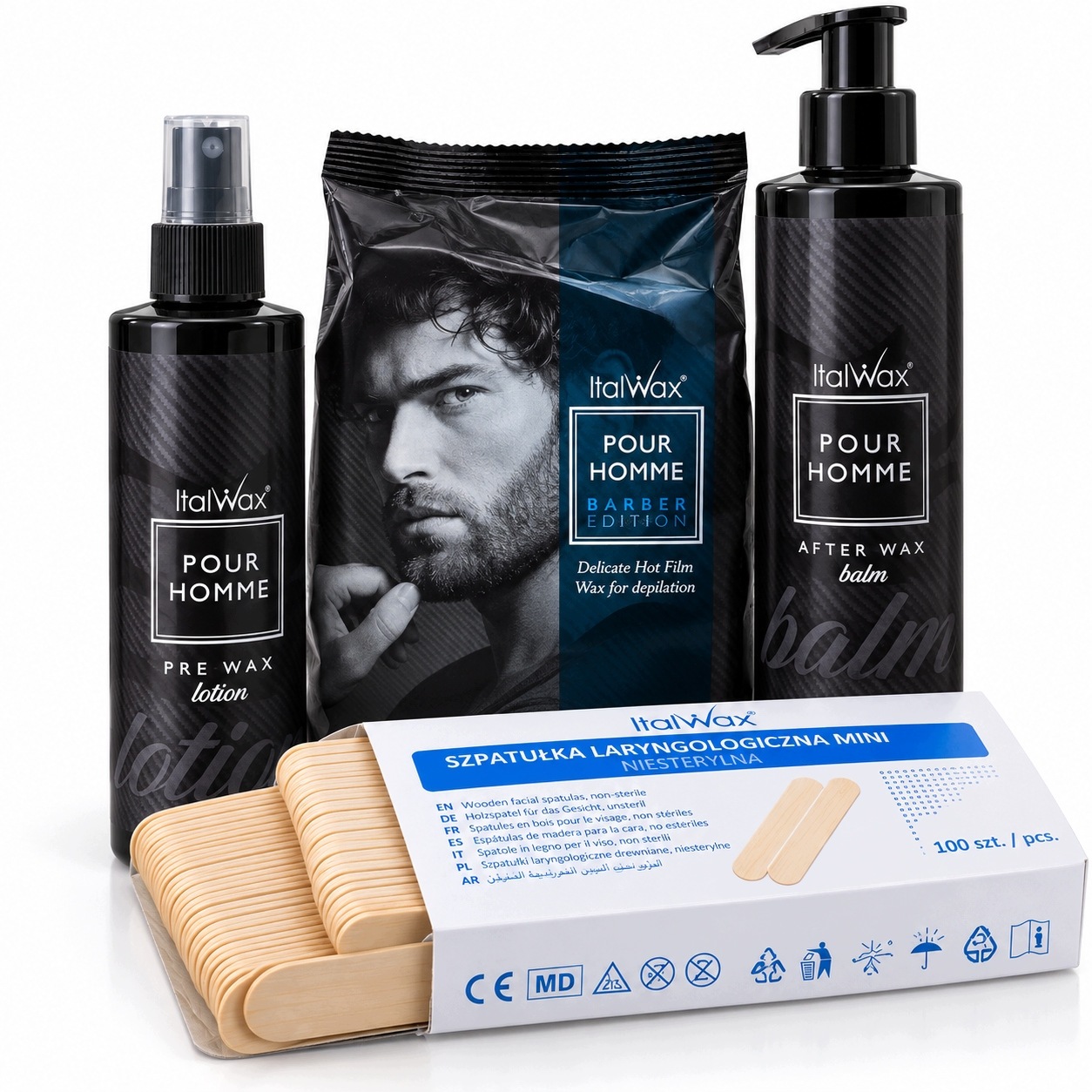 Zestaw do depilacji ItalWax Pour Homme wosk kosmetyki przed/po szpatułki