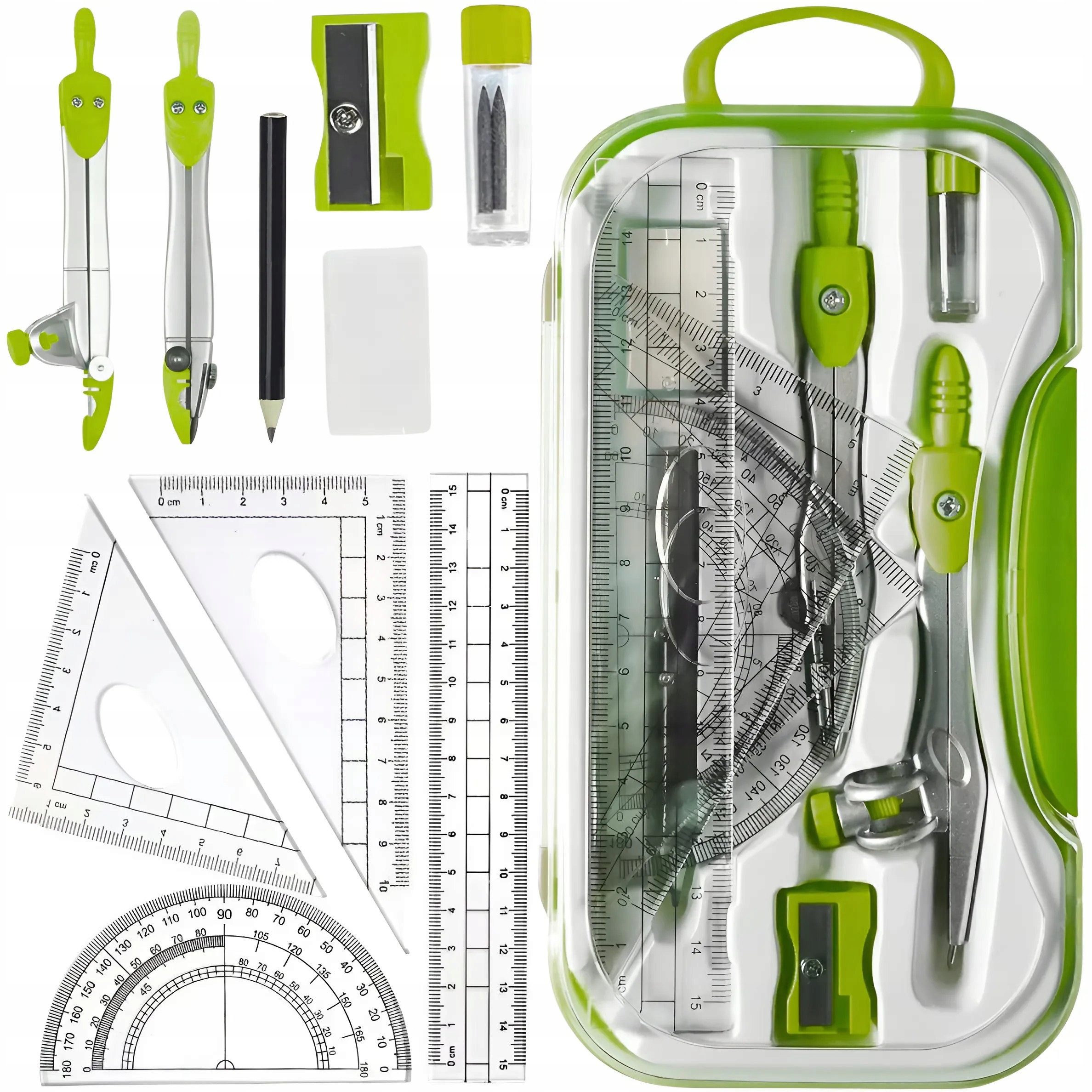 ZESTAW GEOMETRYCZNY 10 ELEMENTÓW CYRKIEL LINIJKI DO KREŚLENIA DO RYSOWANIA EAN (GTIN) 5906186307931