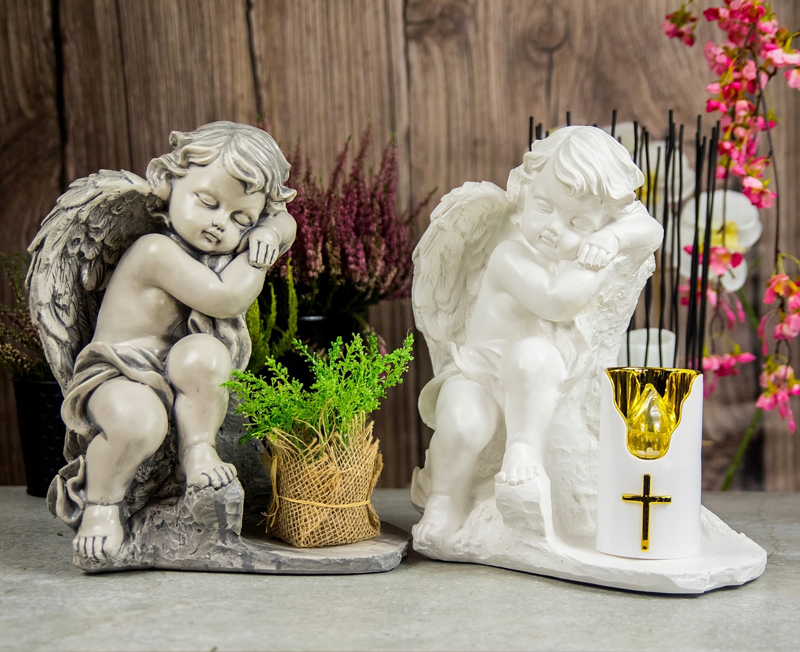 DUŻY ZNICZ + ŚWIECA GIPSOWA FIGURKA NAGROBNA LAMPA LED 3XAAA Wysokość produktu 32 cm