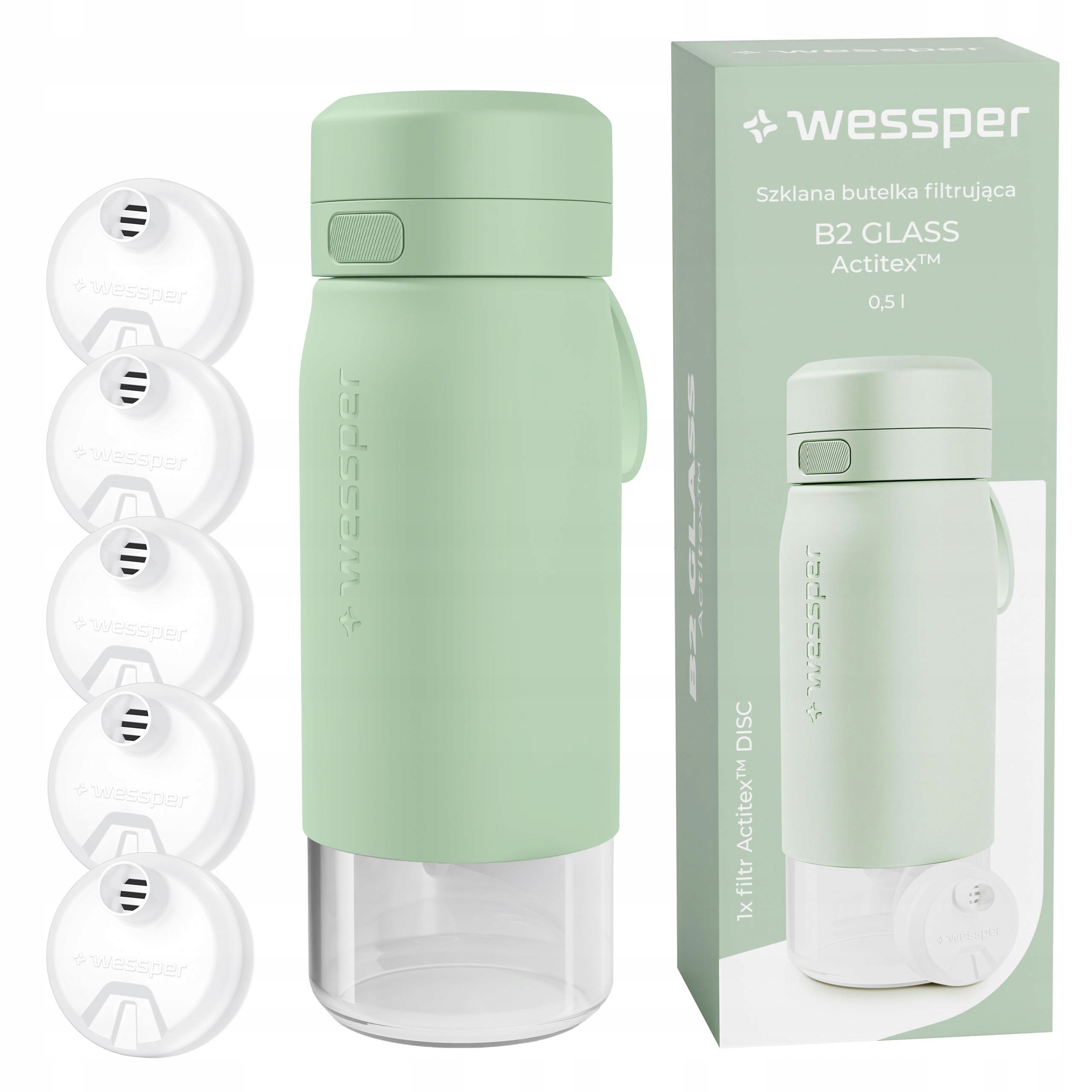 Skleněná lahvička na filtrační vodu láhev na pití Wessper B2 Actitex 500 ml 5x filtr