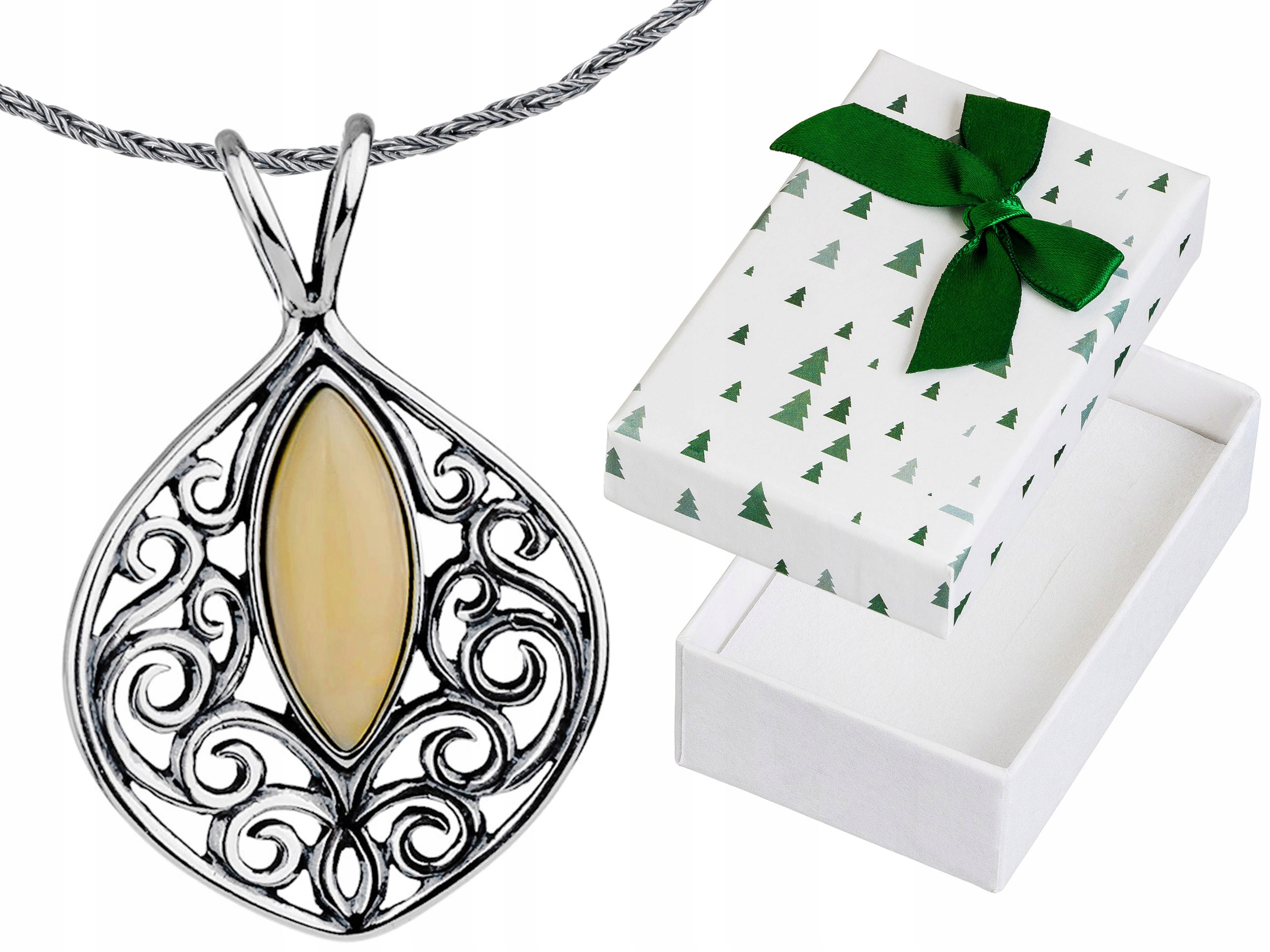 Krátký Stříbrný Oxidovaný Prolamovaný Náhrdelník Vintage s Jantarem Choker 40