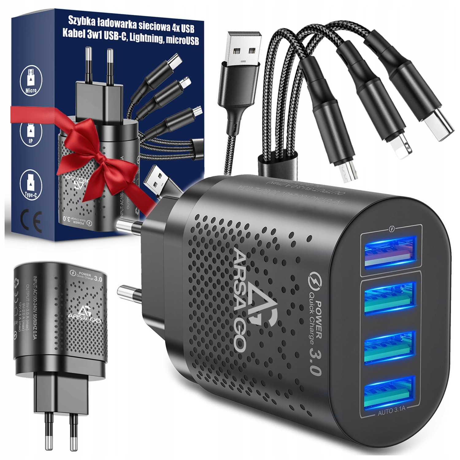 Szybka Ładowarka Do Telefonu Kostka 4X Usb Szybkie Ładowanie I Kabel 3W1