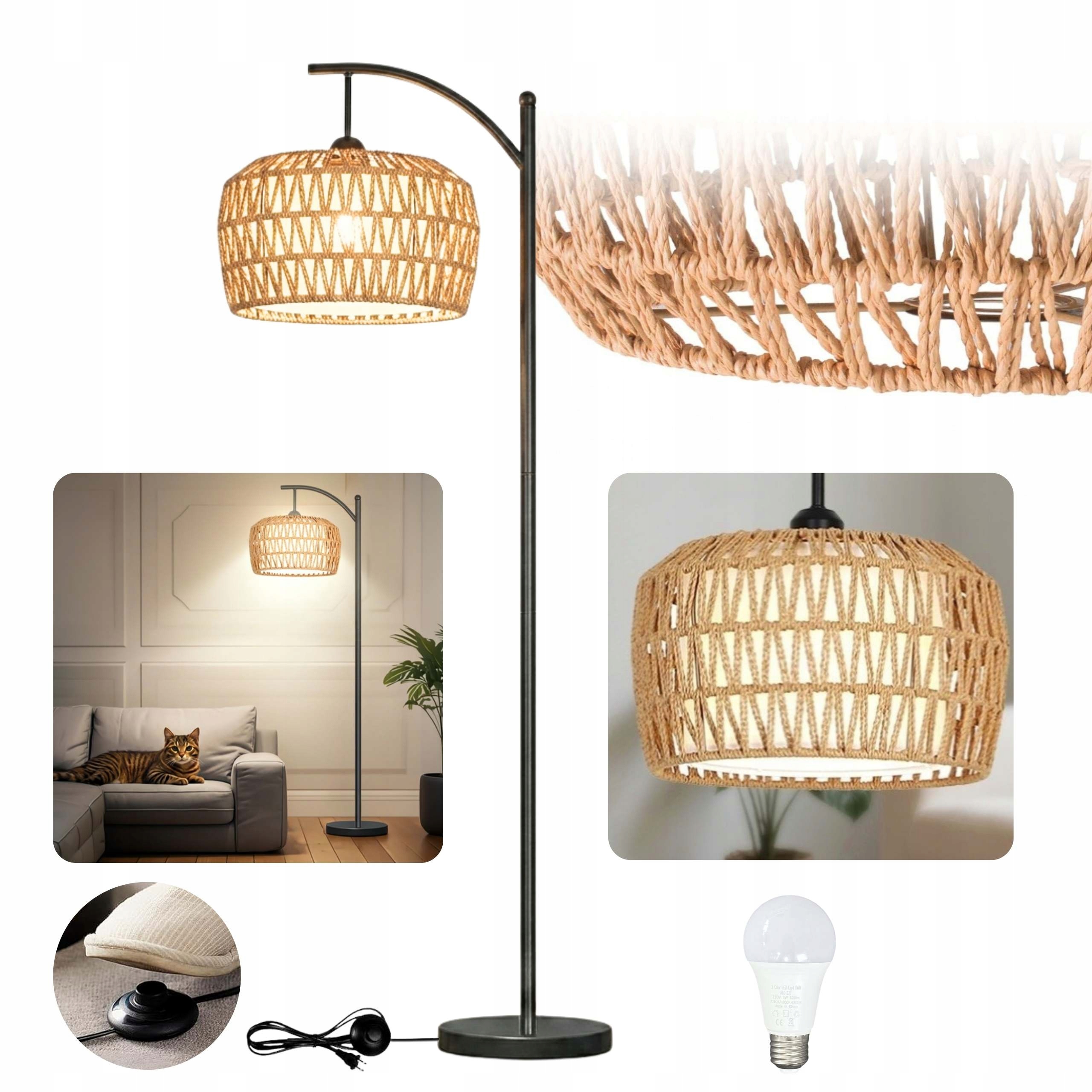 Podlahová lampa výška 158 cm Jutová šňůra Pletená přírodní Boho +žár Rgb E27