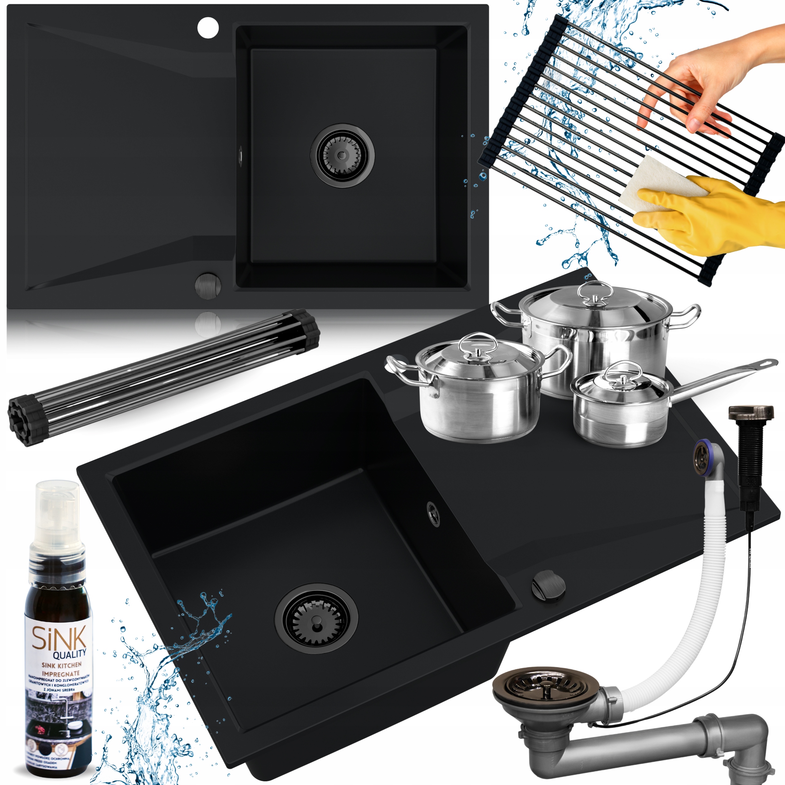 Jednokomorový Drez Čierny Granitový Sifón Automatová Podložka Rolovaná 7v1