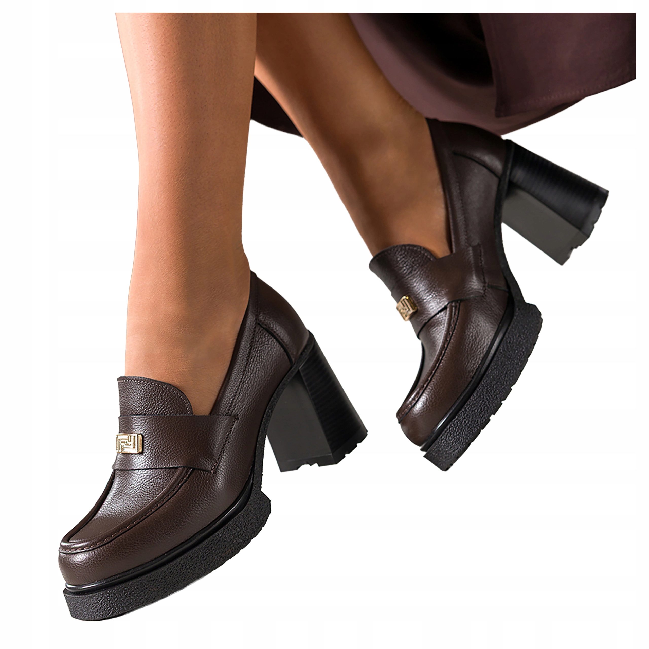 Čokoládové dámské Mokasíny s ozdobou Široký kožený blok Polské vel. 40