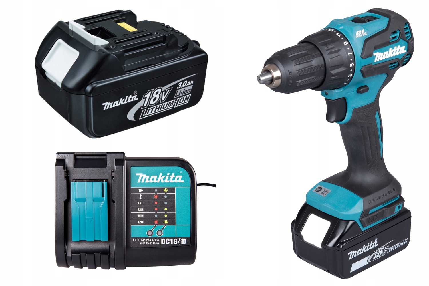 Makita Wiertarko wkrętarka udar Bezszczotkowa 18V DHP490Z+2xAKU 3Ah+ŁAD.18V