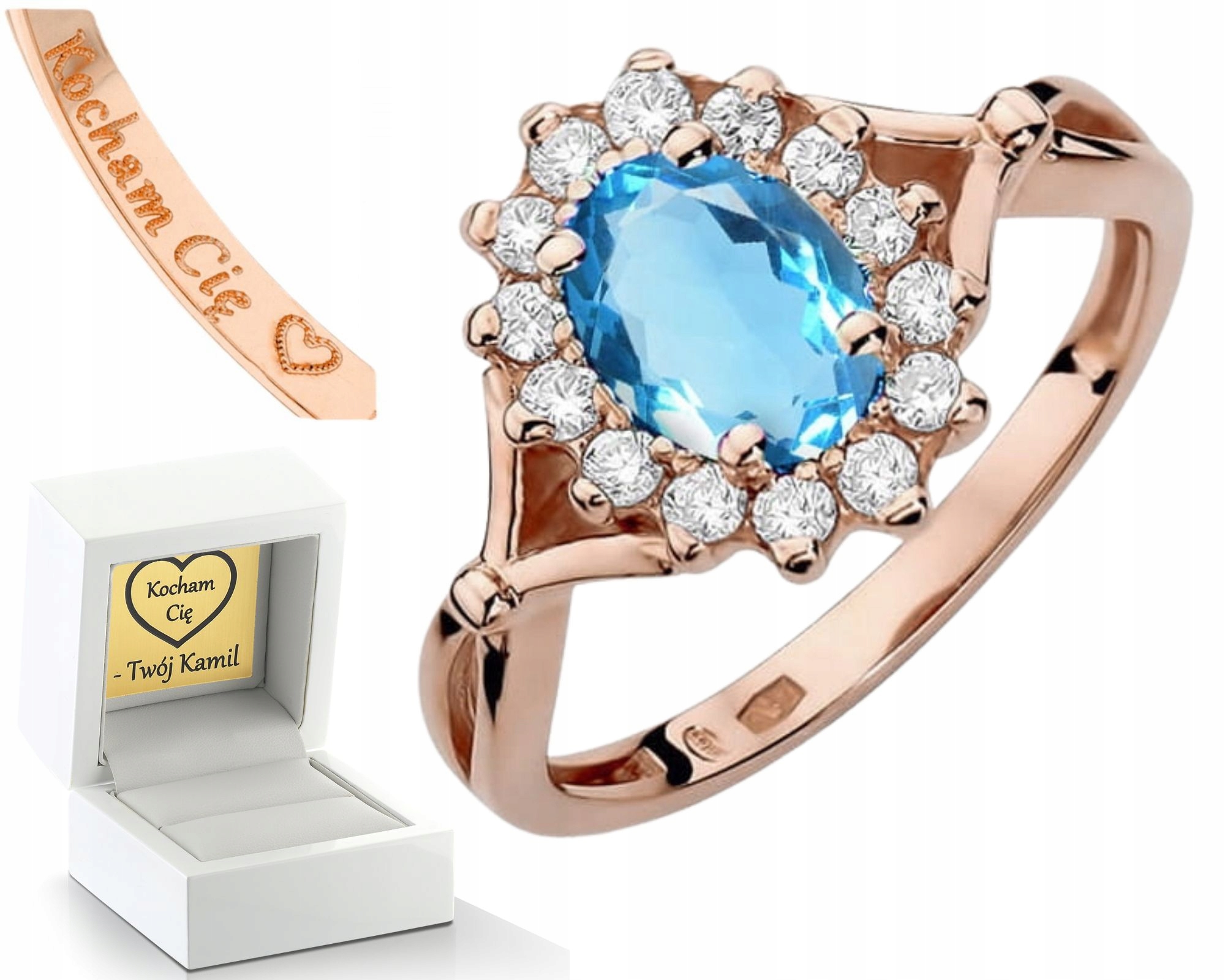 Růžový Zlatý Prstýnek S Topazovými Diamanty, Gravírování 14K Dárek 585