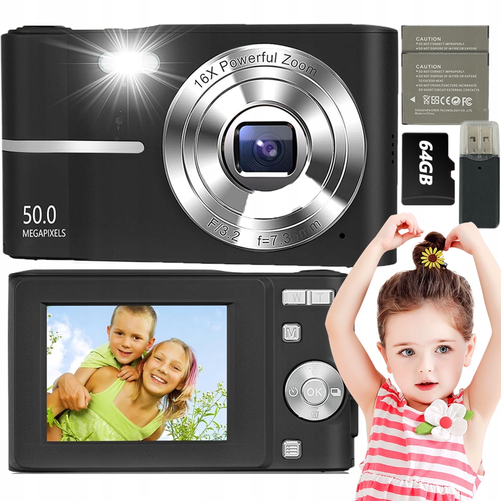Digitální Fotoaparát Pro Děti Hd 50MP 16X Zoom 2.4" 64GB Karta Černá