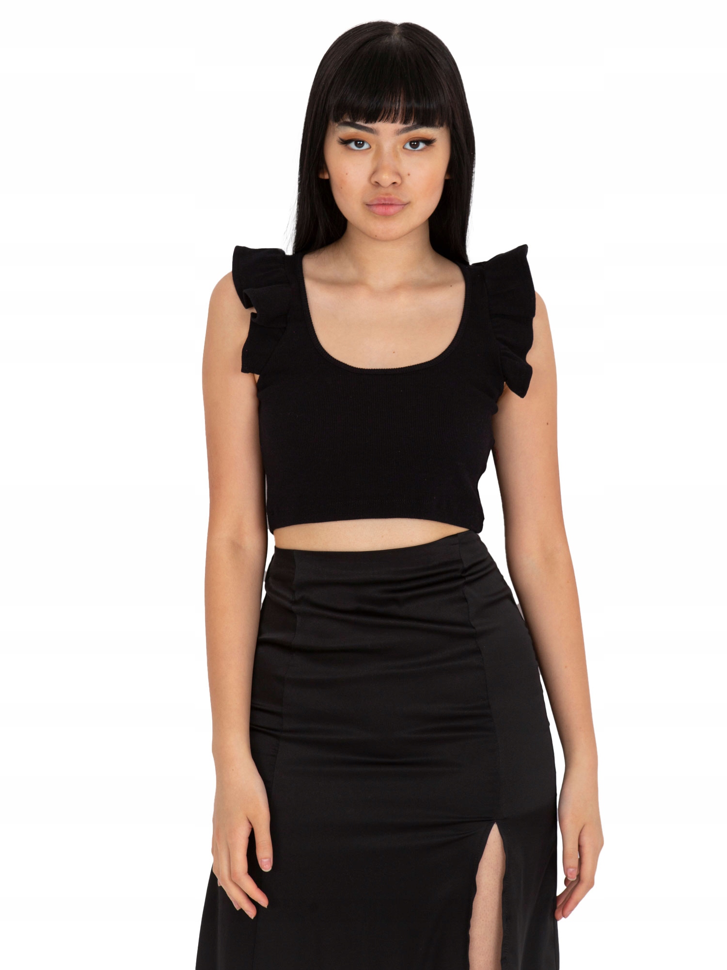 

Krótki Top damski prążkowany z falbaną basic - S