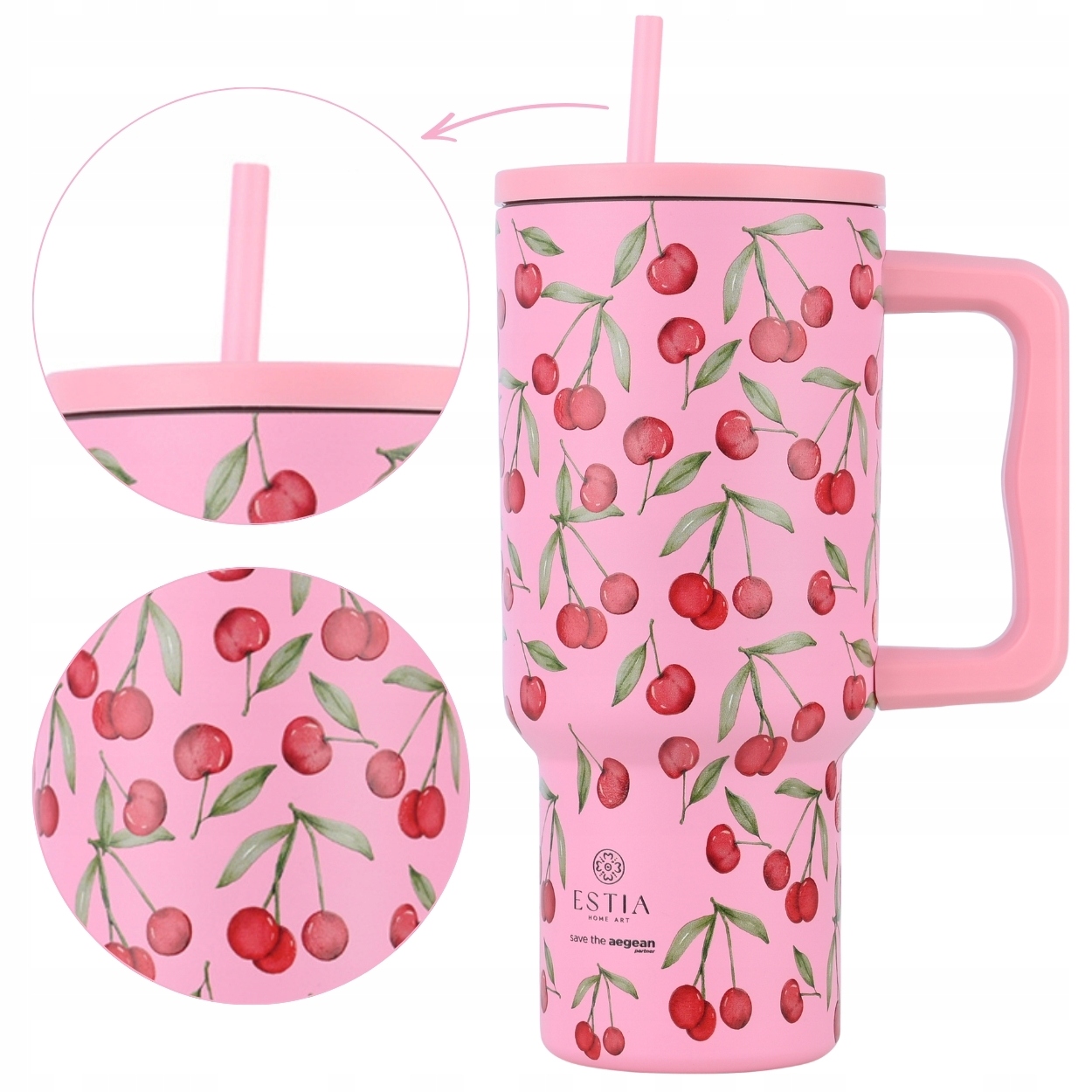 Velký Termohrnek S Brčkem 900 ML růžový s držákem na kávu a vodu 12h/6h