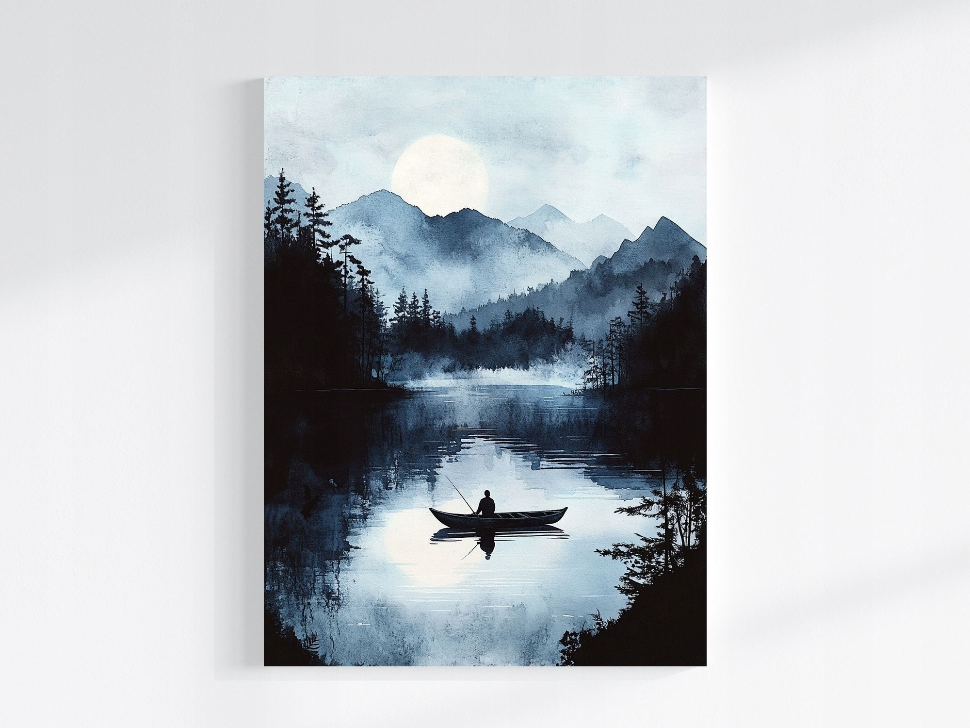 Plátno Obraz Na Plátně Hory Jezero Loď Měsíc Loď Rybář 60x80
