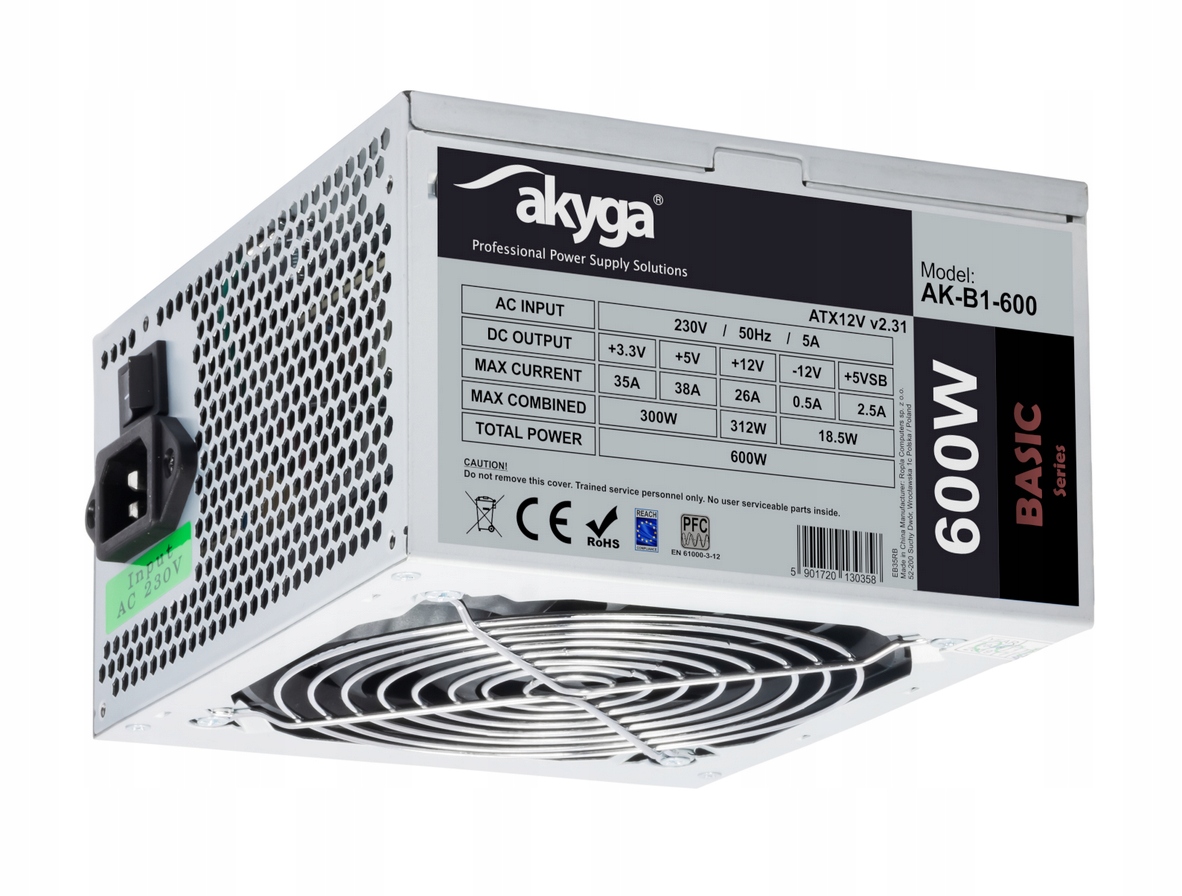 Nový Napájecí Zdroj 600W Akyga Atx 4xSATA 2xMOLEX 1x20+4PIN AK-B1-600