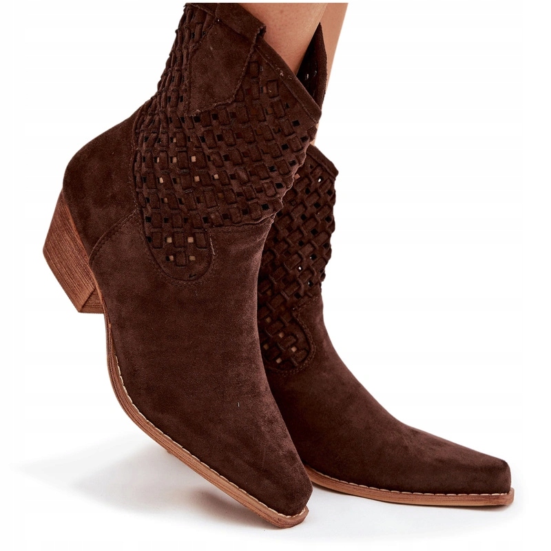 Dámské Kotníkové Boty Ažurové Na Podpatku Zip Eko Semišové Čokoládové 40