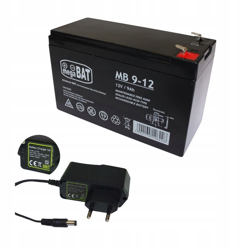 Akumulator żelowy Agm 12V 9Ah Megabat (wymiar 7Ah 7,2Ah)+ŁADOWARKA 12V Wtyk