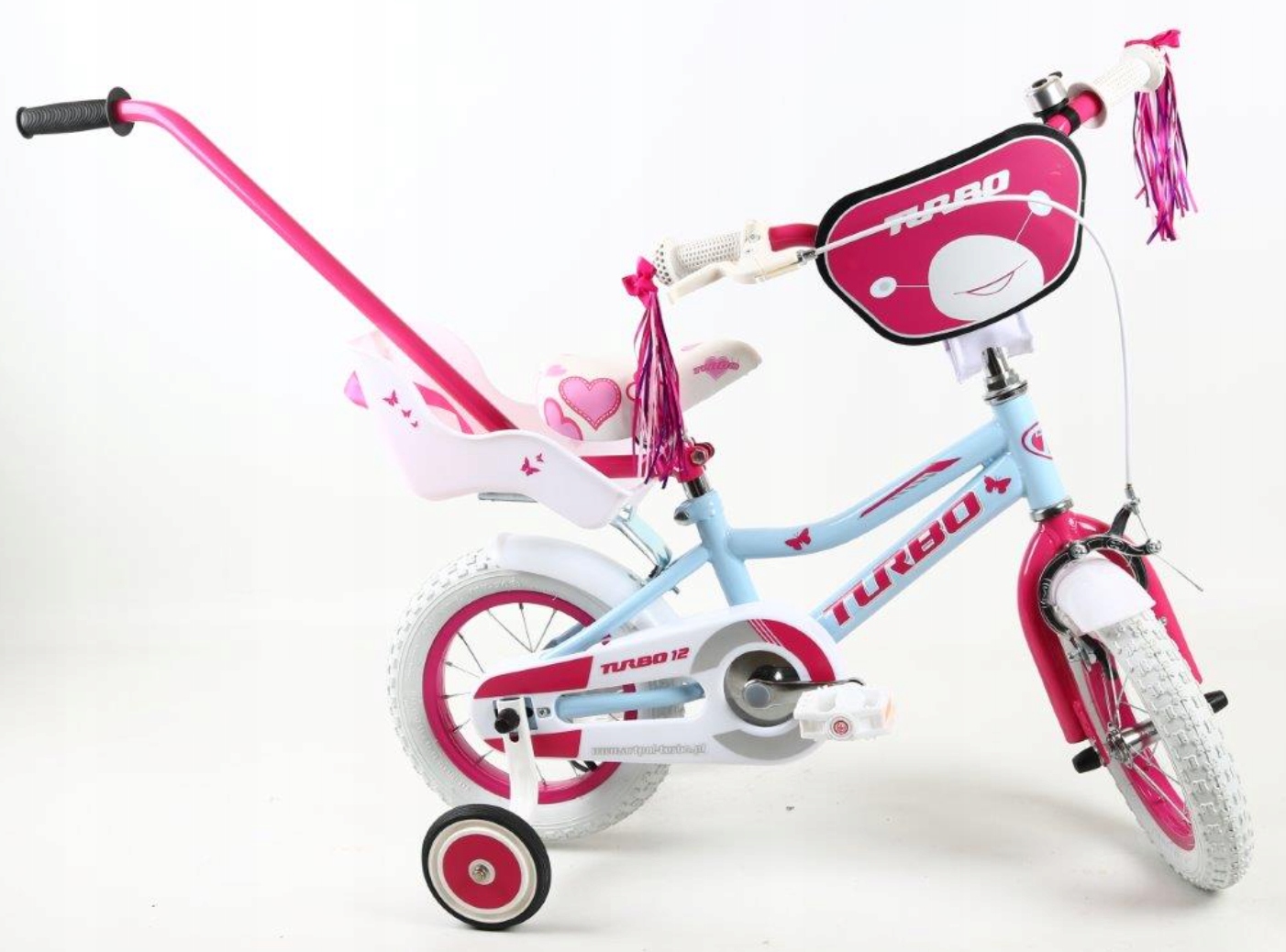 Rower 12" dla dziewczynki błękitny pastel. różowy kółka boczne prowadnik