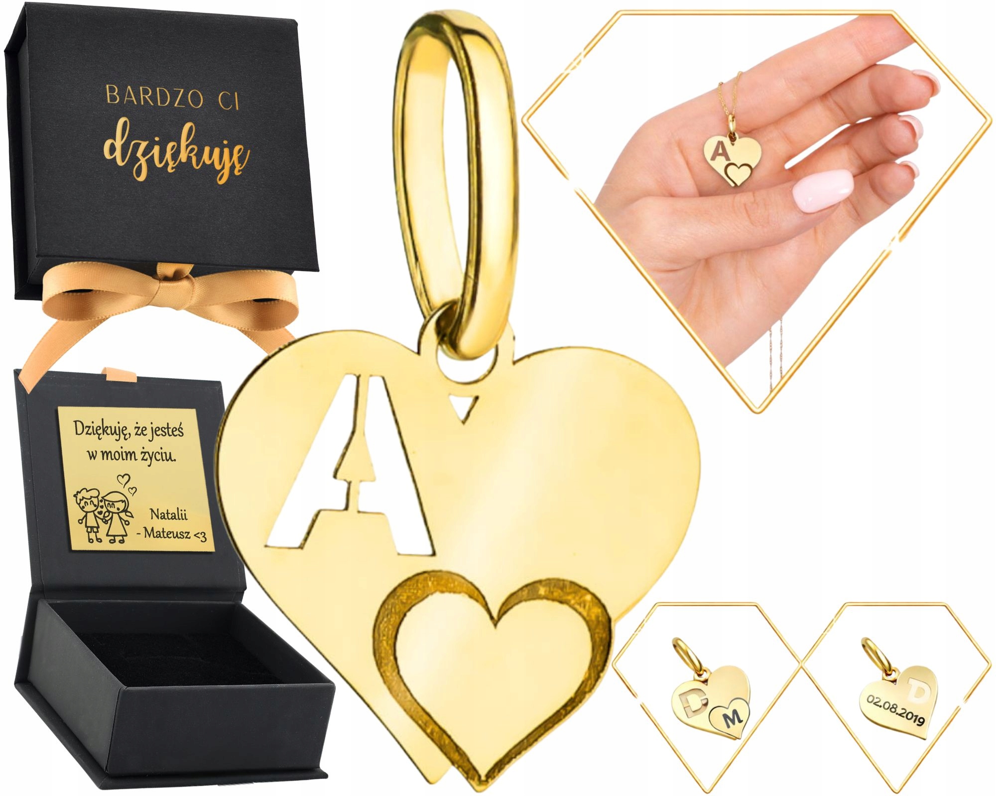 Złota Zawieszka Serduszko Z Literką A 585 14K Grawer Na Zawieszce